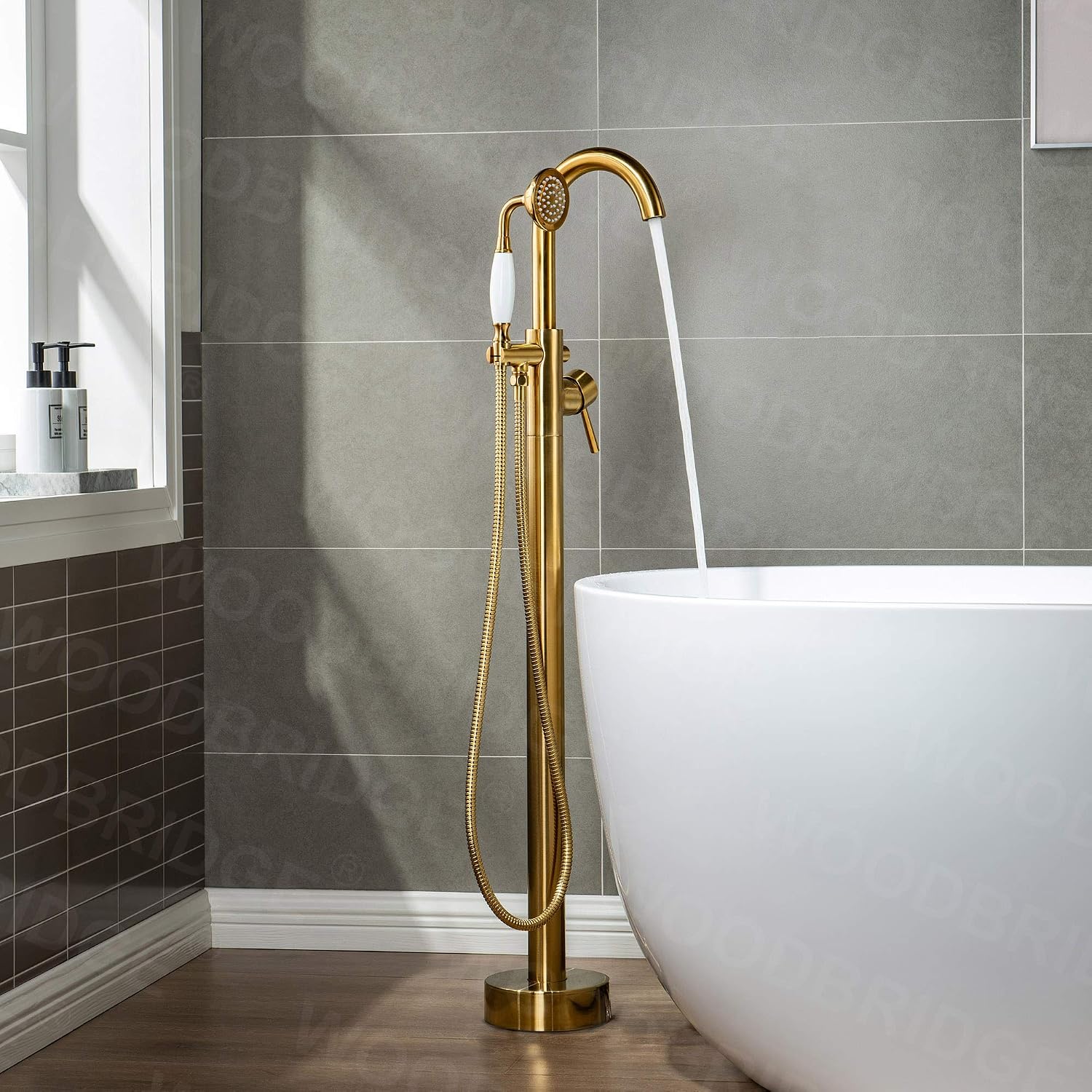 WOODBRIDGE Contemporary Single Handle Floor Mount Freestanding Tub Filler Faucet with Hand Shower in (Brushed Gold) Finish,F0007-BGVT