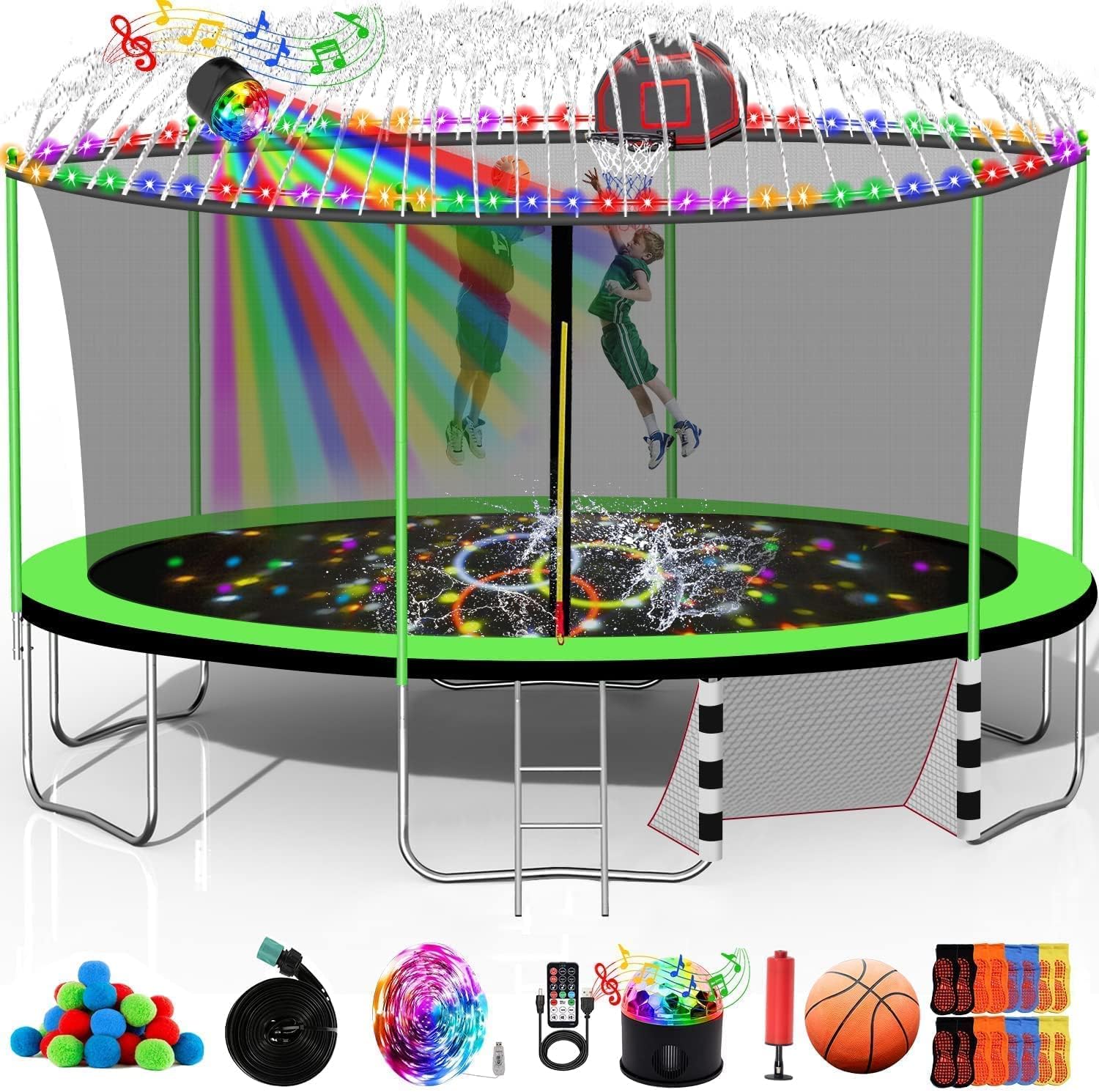 1500LBS 16FT 15FT 14FT 12 FT 10FT 8FT Tranpoline for Kids and Adults with Sprinkler, Lights with Music Speaker, Socks, Water Ball, Heavy Duty Outdoor Tranpoline with Net Enclosure and Ladder