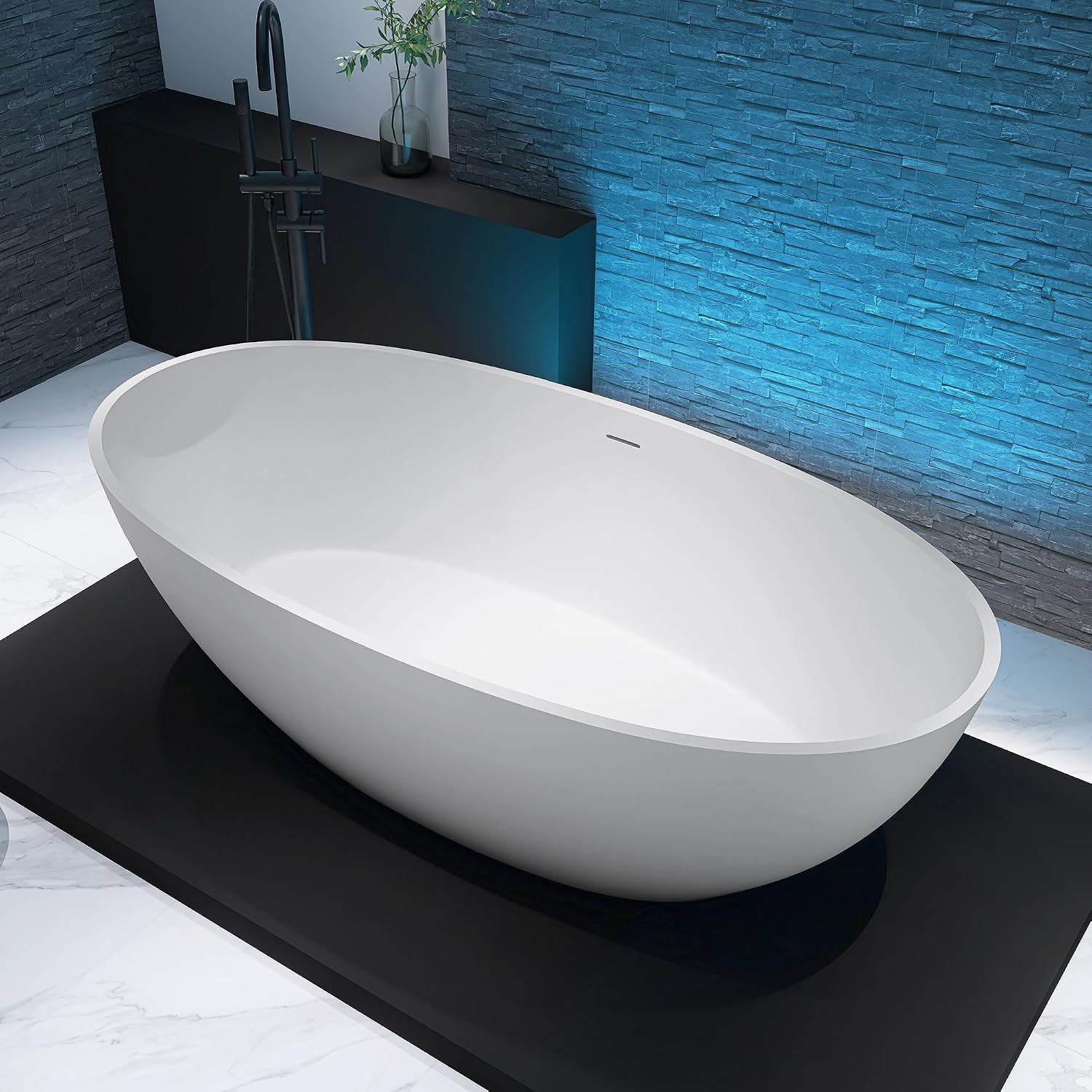 71' Stone Resin Freestanding Bathtub, Solid Surface Free Standing Tub, Soaking Tub with Overflow and Pop-up Drain in White, 2 Person Bathtub