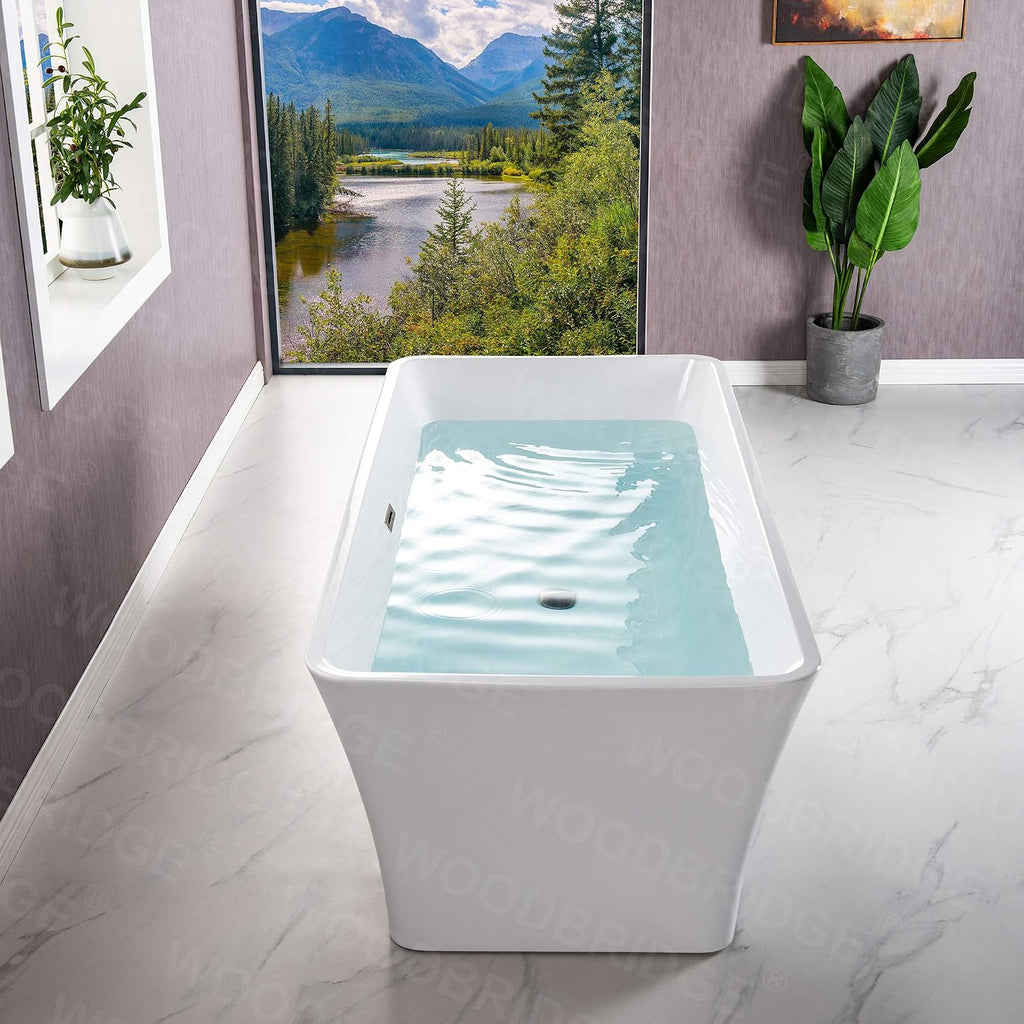 WOODBRIDGE 67' Acrylic Freestanding Bathtub Contemporary Soaking White Tub with Brushed Nickel Overflow and Drain，BTS1609 -B/N-Drain &O