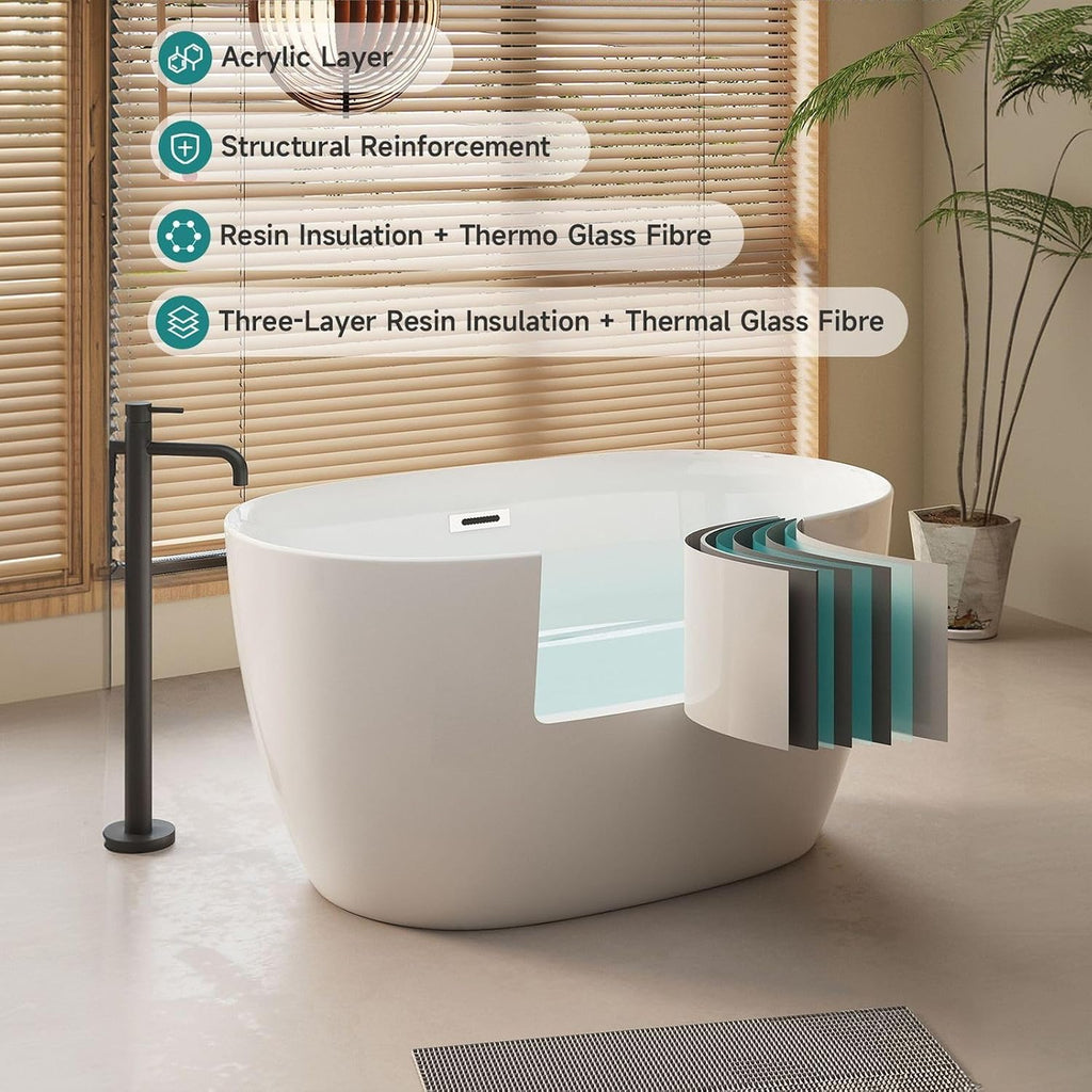 47' Acrylic Freestanding Bathtub, Oval Shape Free Standing Tub Contemporary Soaking Bath Tub with Chrome Overflow & Pop-Up Drain, Gloss White