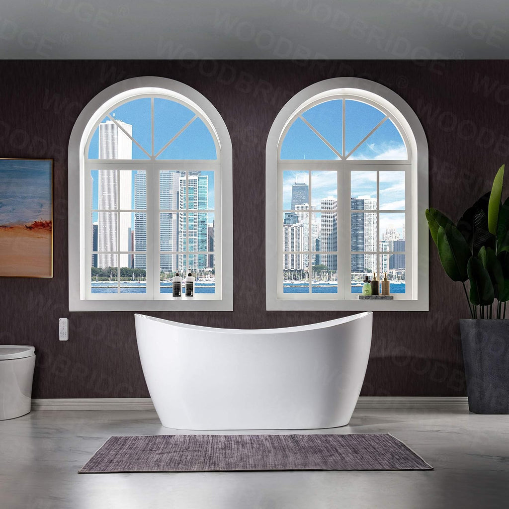 WOODBRIDGE 59'Freestanding White Acylic Soaking Bathtub with Brushed Gold Drain and Overflow,BTA1516 -BG-Drain &O