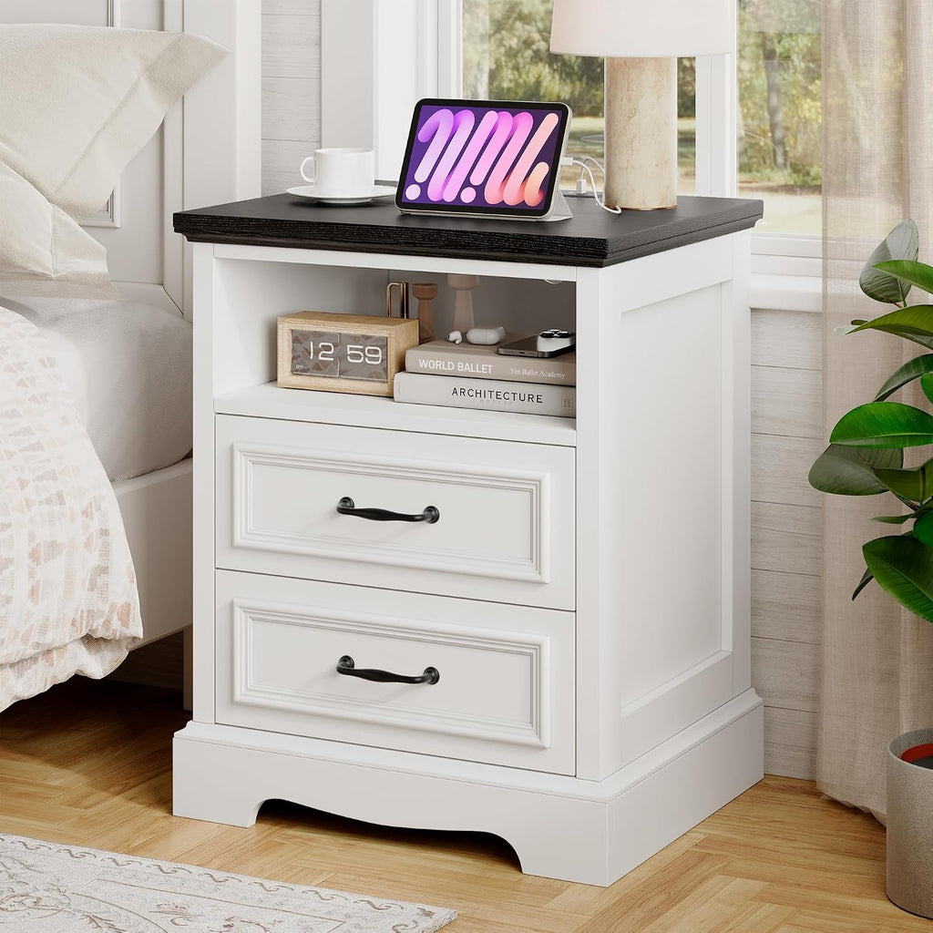 Whalefall Farmhouse 2 Drawers Dresser with Charging Station, White Nightstand Bedside for Bedroom, Wood Small End Table for Living Room Dresser Chest of Drawers for Hallway Closet Dorm (1, White)