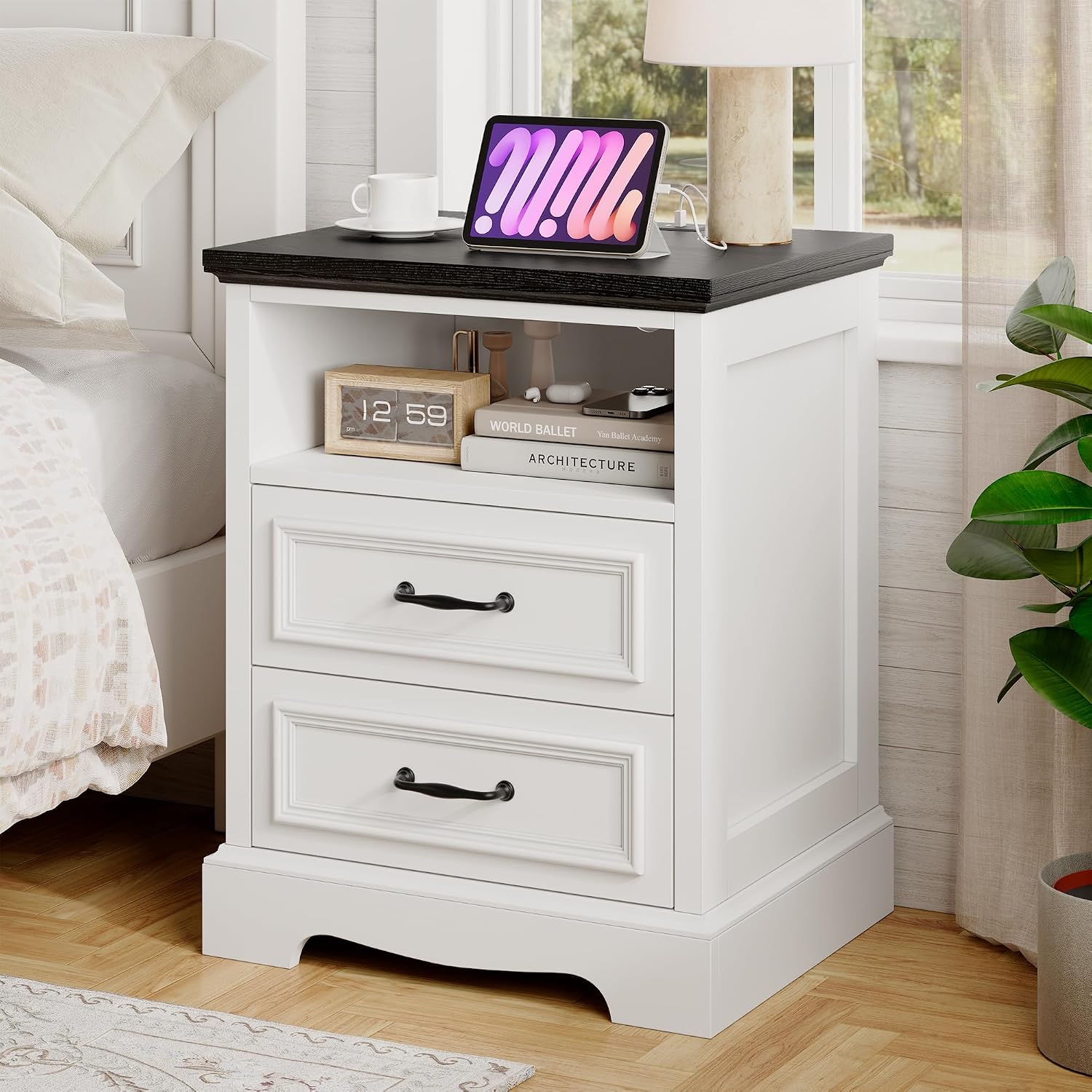 Whalefall Farmhouse 2 Drawers Dresser with Charging Station, White Nightstand Bedside for Bedroom, Wood Small End Table for Living Room Dresser Chest of Drawers for Hallway Closet Dorm (1, White)