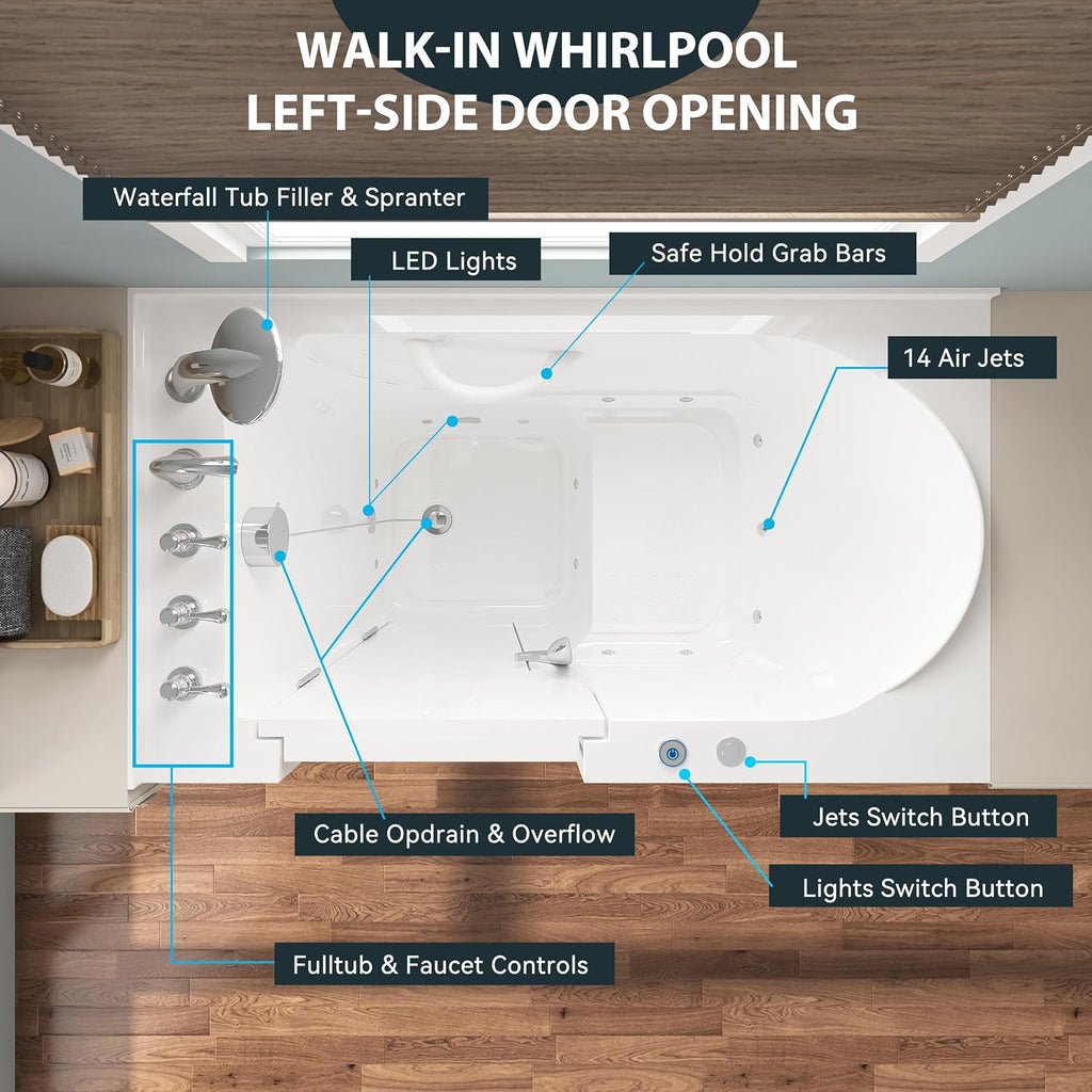 FerdY Floridian 52'x 30' Walk-in Whirlpool Bathtub with 14 Air Water SPA Jets and Left-Side Door Opening and Quick Fill and Drain System, Rectangular Soaking Bathtub in White