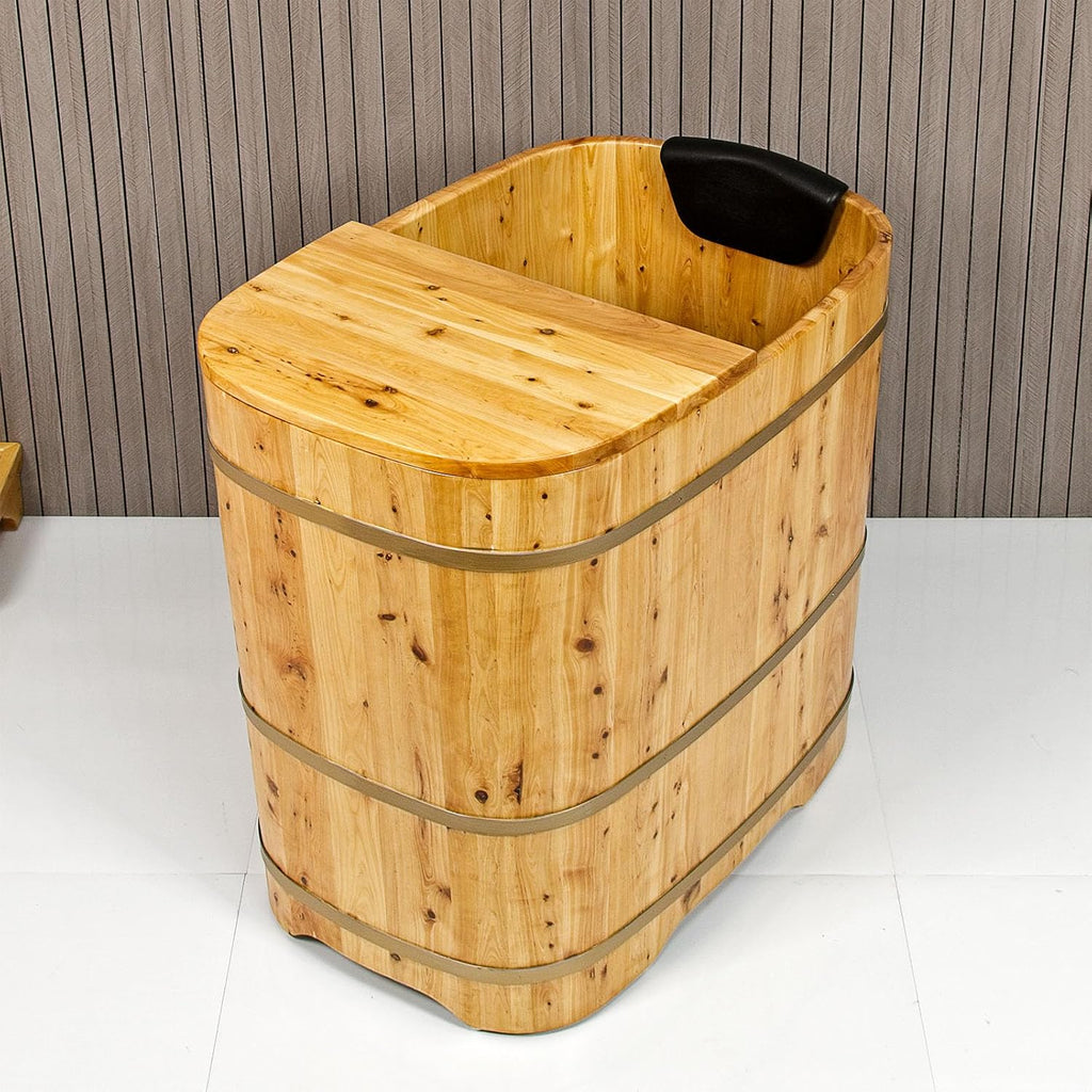 With Lid Japanese Soaking Tub Handcrafted Cedar Freestanding Wooden Bathtub Deep Soaking Tub Small Bathroom Tub Space Saving and Easy to Move STB03901 34' Hot Tub