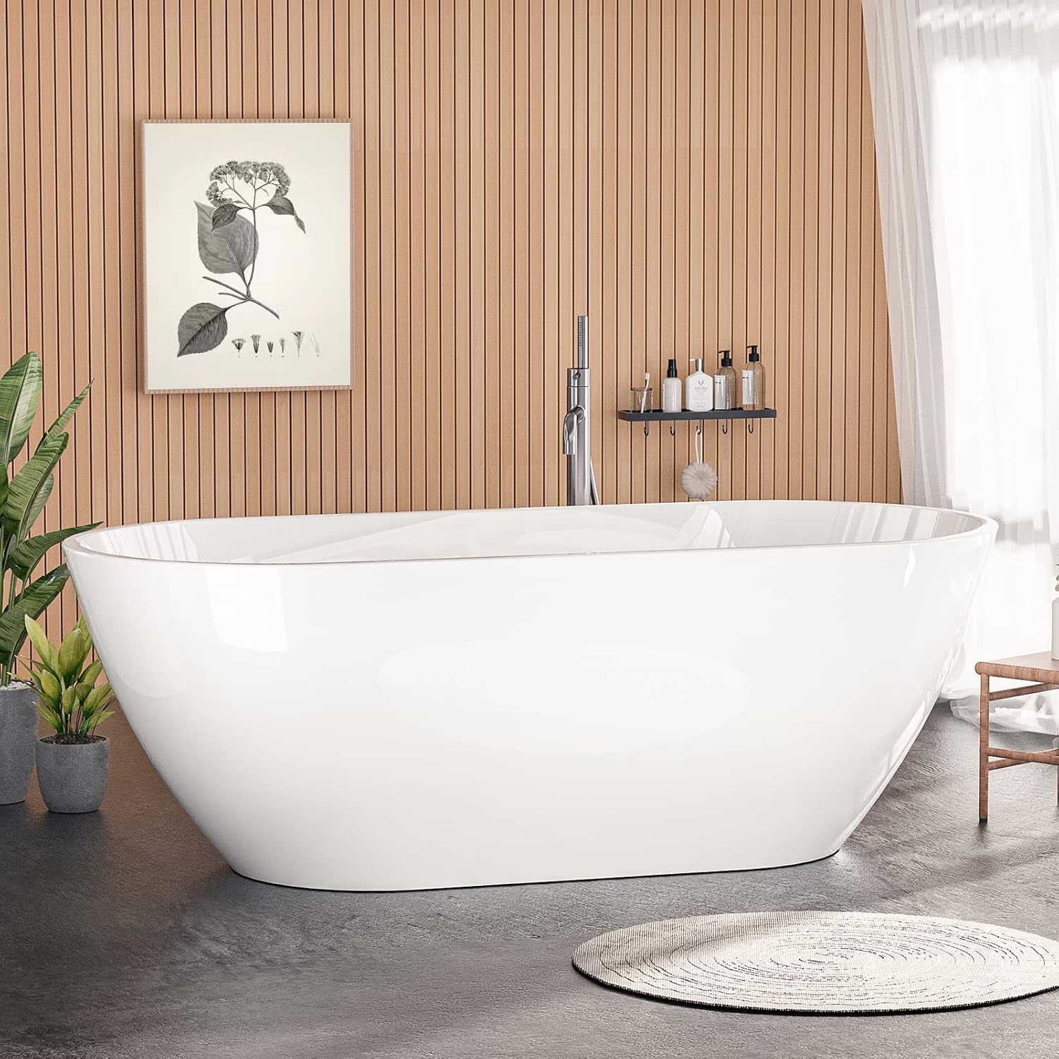 Zevemomo 55' Acrylic Freestanding Bathtub, Freestanding Tub with Brushed Nickel Drain & Integrated Slotted Overflow, Ergonomic Soaking Tub, Glossy White, cUPC Certified