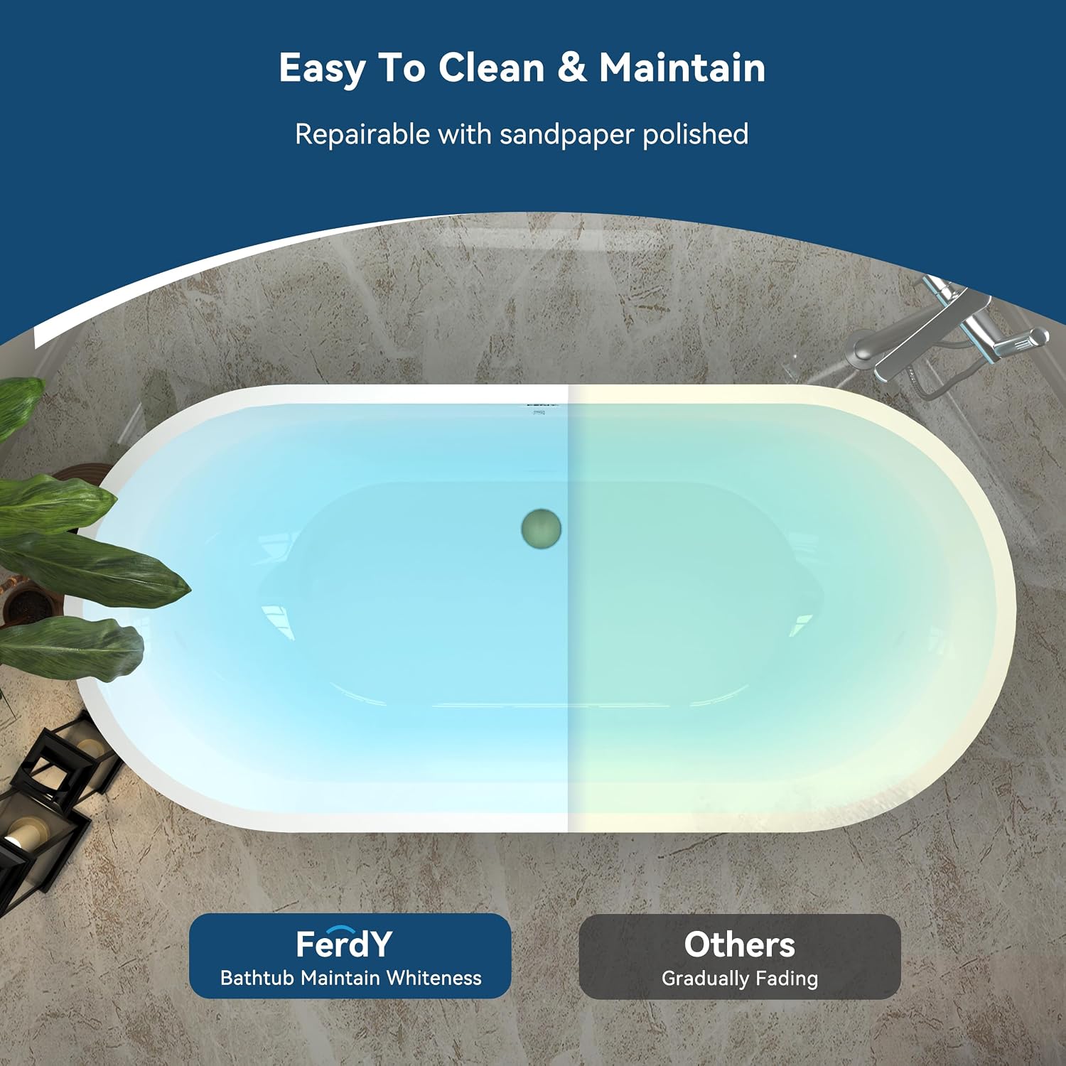 FerdY 59' Acrylic Freestanding Bathtub, Contemporary Soaking tub with Brushed Gold Drain, Elegant Oval Shape, cUPC Certified, Bali