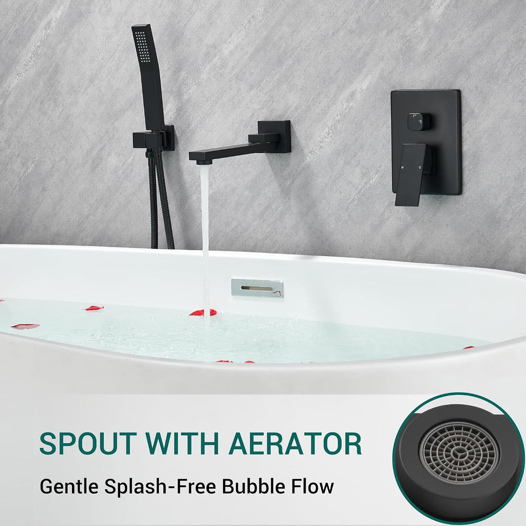 DASAN Swiveling Wall Mount Tub Filler Faucet Set with Hand Held Shower, Matte Black Modern Creative Bathtub Faucet Wall Mounted Bath Tub Faucet with High Flow Rough in Valve, SA-TF05WH-MB