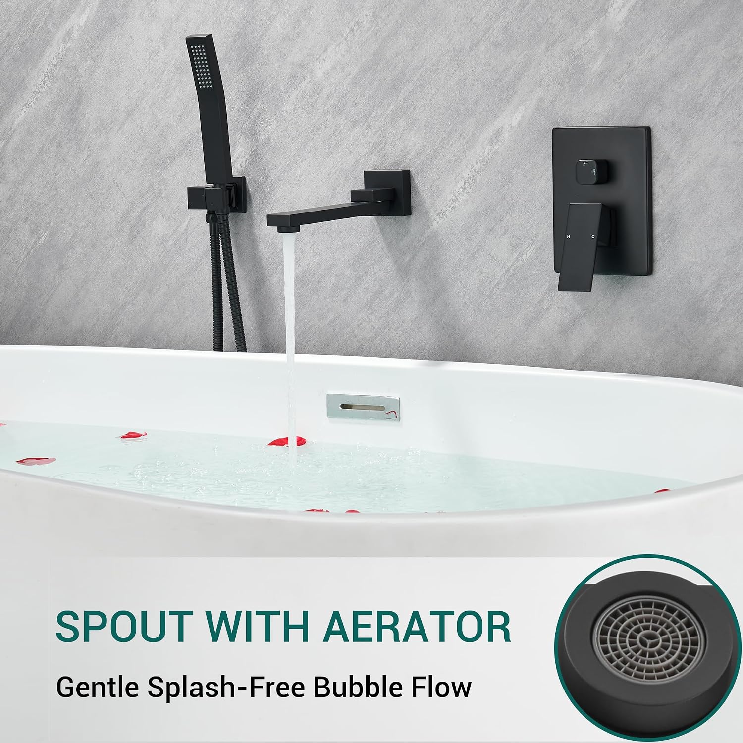 DASAN Swiveling Wall Mount Tub Filler Faucet Set with Hand Held Shower, Matte Black Modern Creative Bathtub Faucet Wall Mounted Bath Tub Faucet with High Flow Rough in Valve, SA-TF05WH-MB