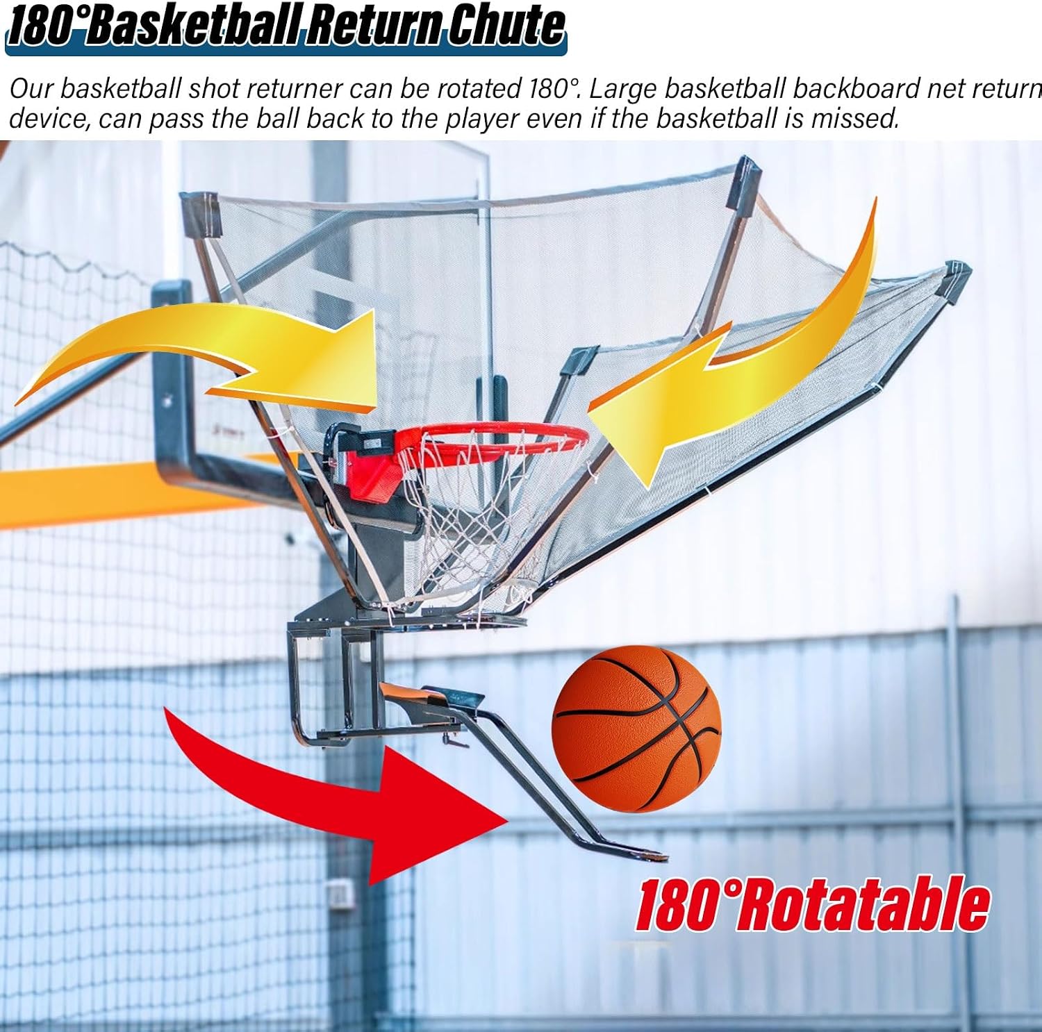 Portable Basketball Net Catcher Ball Return, Basketball Rebounder Equipment with 180° Basketball Return Chute/Basketball Goal Trainer for Pole/Wall Mounted Hoops