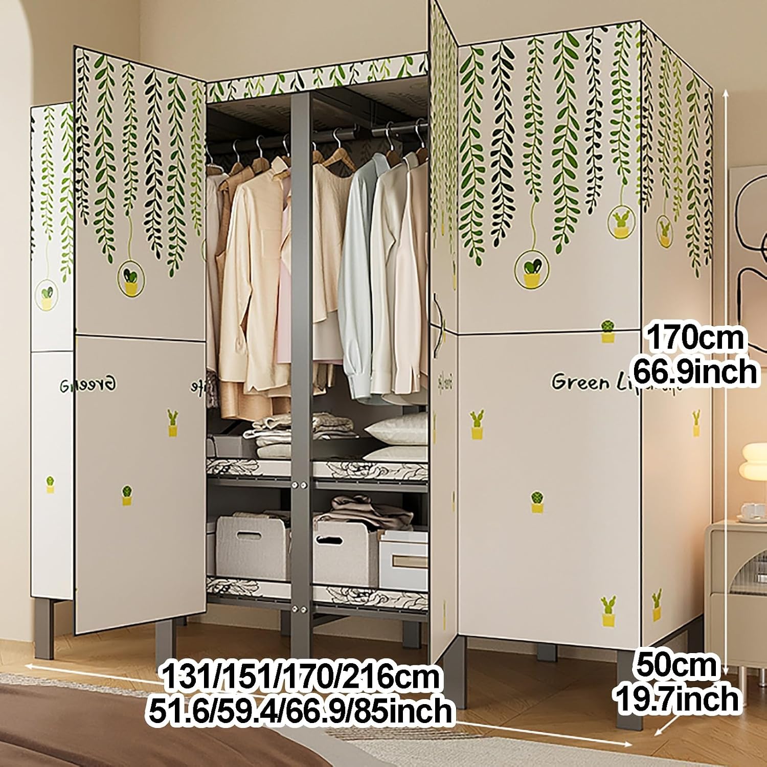 Portable Wardrobe Closet With Cover, Foldable Clothe Rack, Garment Rack For Hanging Clothes, Metal Clothes Storage Closet Organizer, Rack Shelf, For Bedroom(White,151cm/59.4inch)
