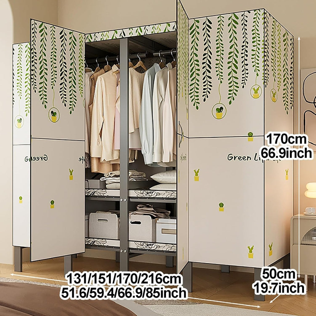 Portable Wardrobe Closet With Cover, Foldable Clothe Rack, Garment Rack For Hanging Clothes, Metal Clothes Storage Closet Organizer, Rack Shelf, For Bedroom(White,170cm/66.9inch)