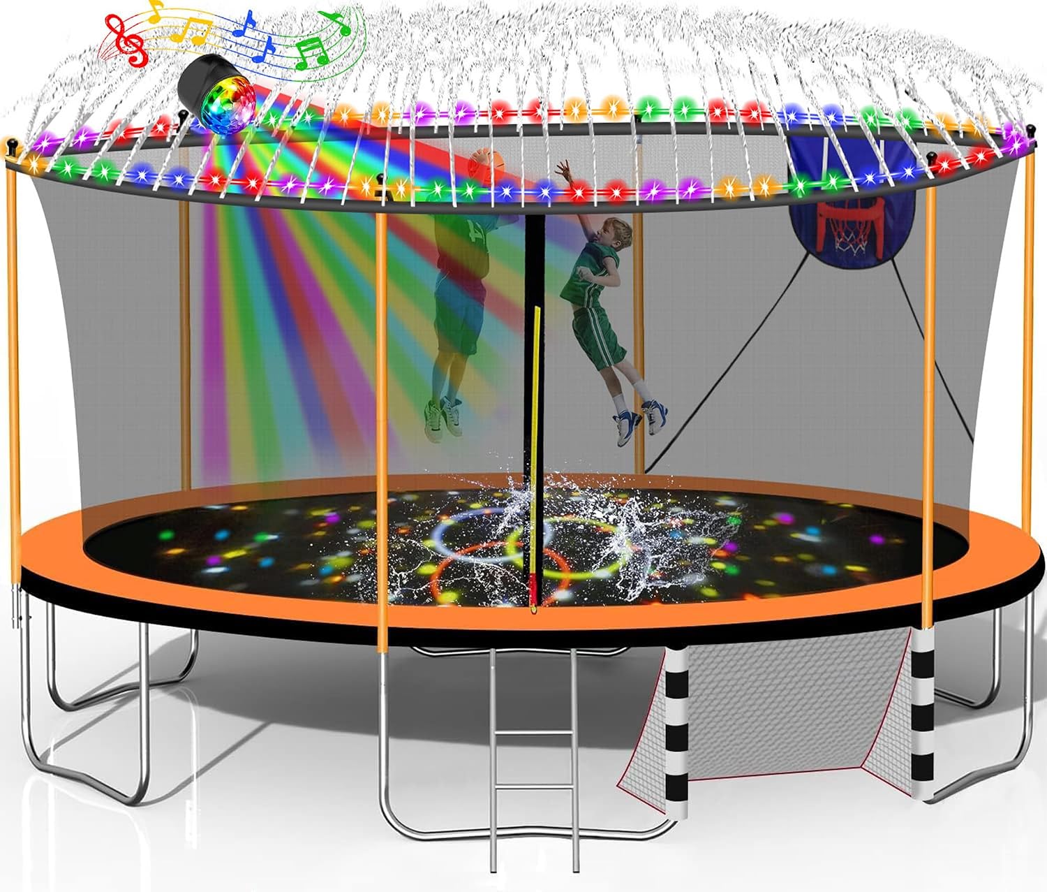 1500LBS 10FT 12FT 14FT 15FT 16FT Trampoline with LED Lights, Sprinkler, Music Speaker and Socks, ASTM Approved Outdoor Trampoline for Kids and Adults, Backyard Trampolines with Net Enclosure