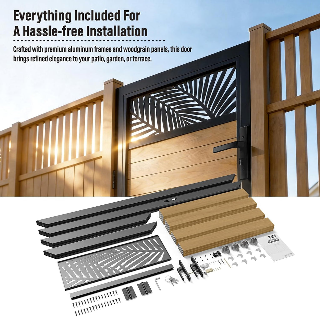 3x6 FT Aluminum Fence Gate Kit Wood Grain Aluminum Gate with Decorative Cutout, Lock & Hinges, Left/Right Opening, Weather Resistant for Yard Garden Patio