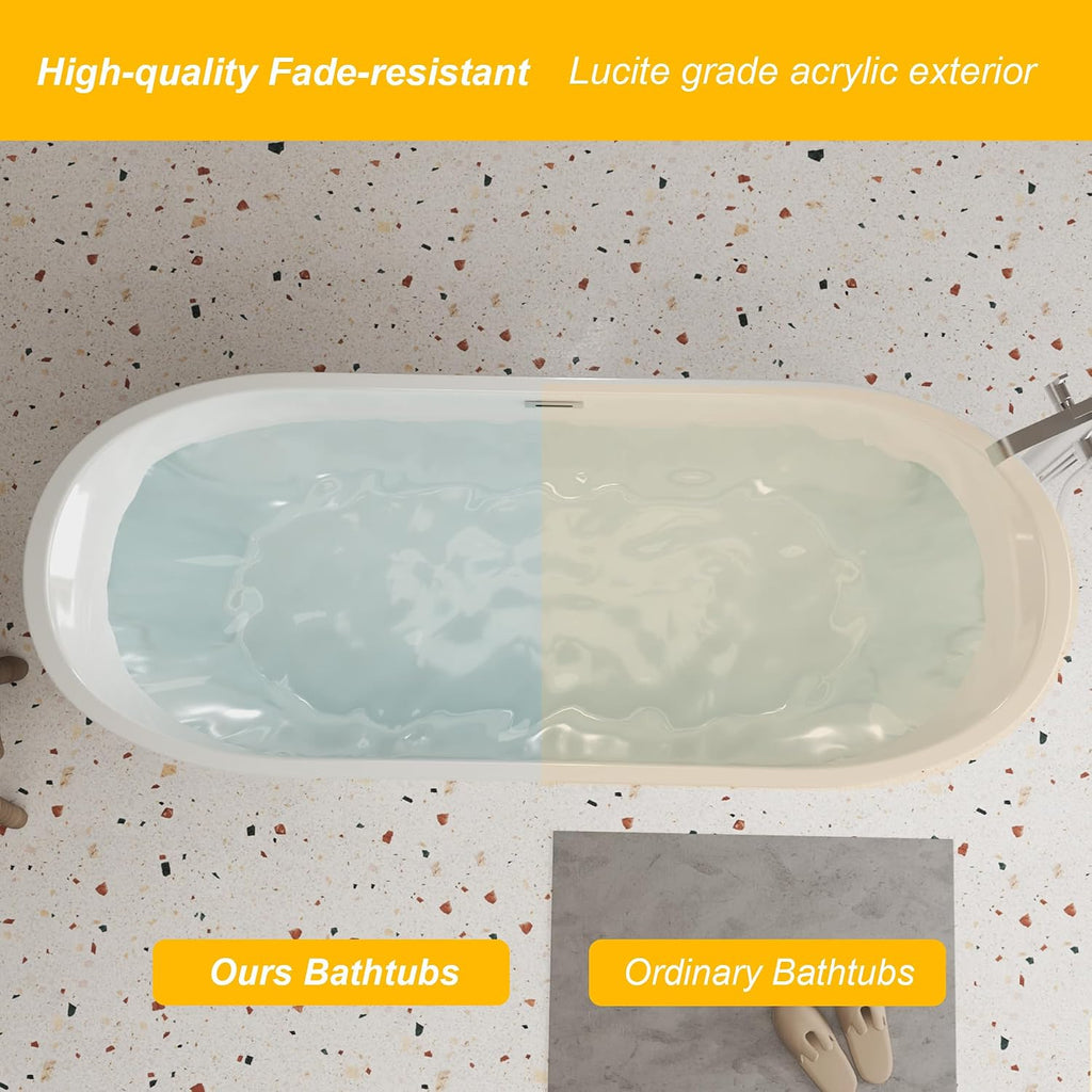 59' Acrylic Freestanding Bathtub, Diamond Pattern Soaking Tub with Chrome Overflow and Pop-Up Drain, Oval Gloss White Finish, CUPC Certified