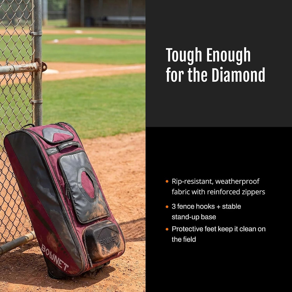 Bownet Commander Rolling Catcher's Gear Bag with Wheels – Baseball & Softball Equipment Bag for Travel Ball, Youth & Adult, 14 Pockets, Molded Helmet Case, Airline Approved