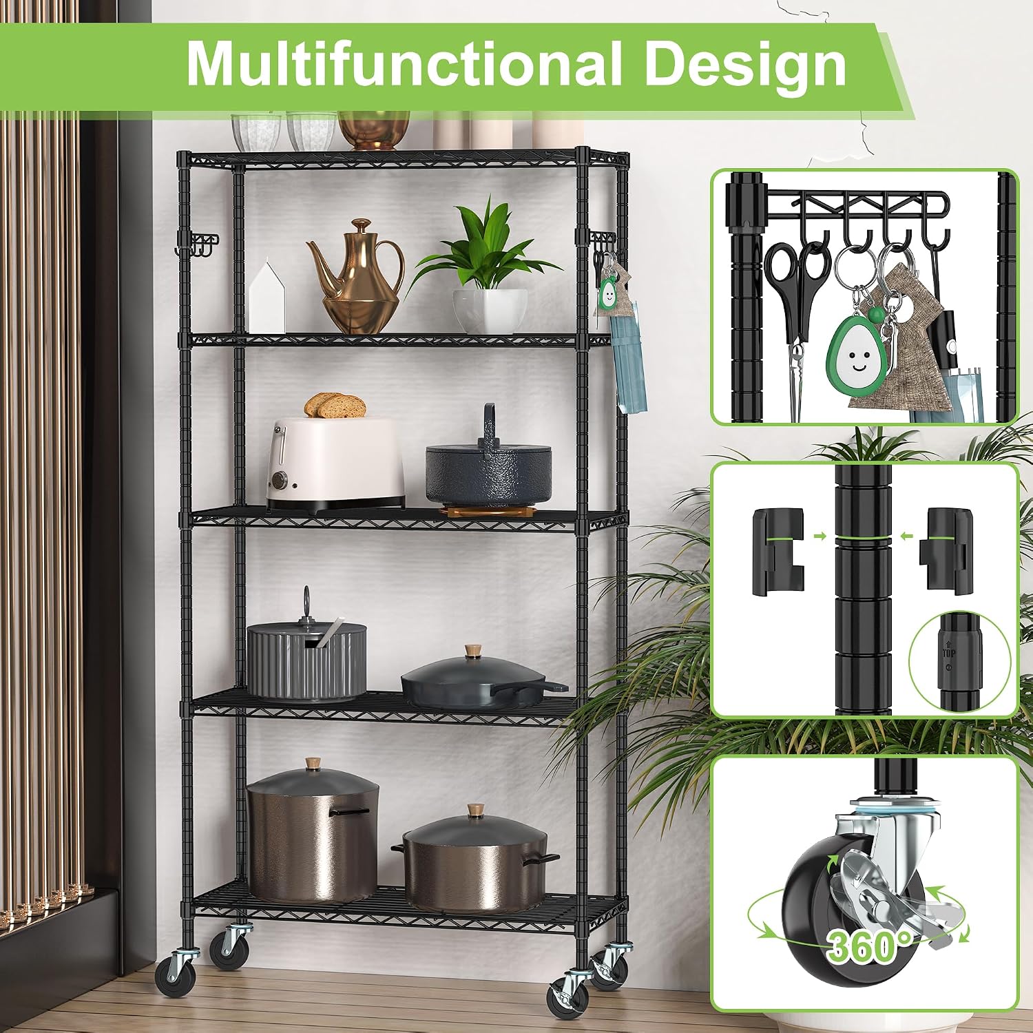 Wire Shelving with Wheels Metal Garage Storage Shelves Rack Unit 5 Tier Heavy Duty Steel Utility Rolling Shelve Adjustable Industrial Sturdy Shelving for Kitchen Garage Pantry Bathroom Laundry