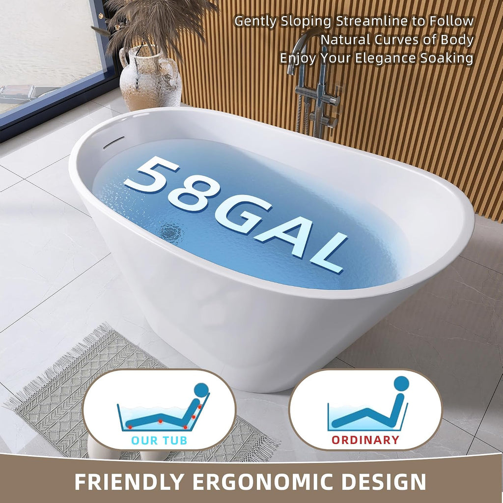 GETPRO Free Standing Tub 51' Deep Soaking Bath Tub, Oval Shape Acrylic Freestanding Bathtub with Integrated Slotted Overflow and Removable Anti-clogging Drain Glossy White