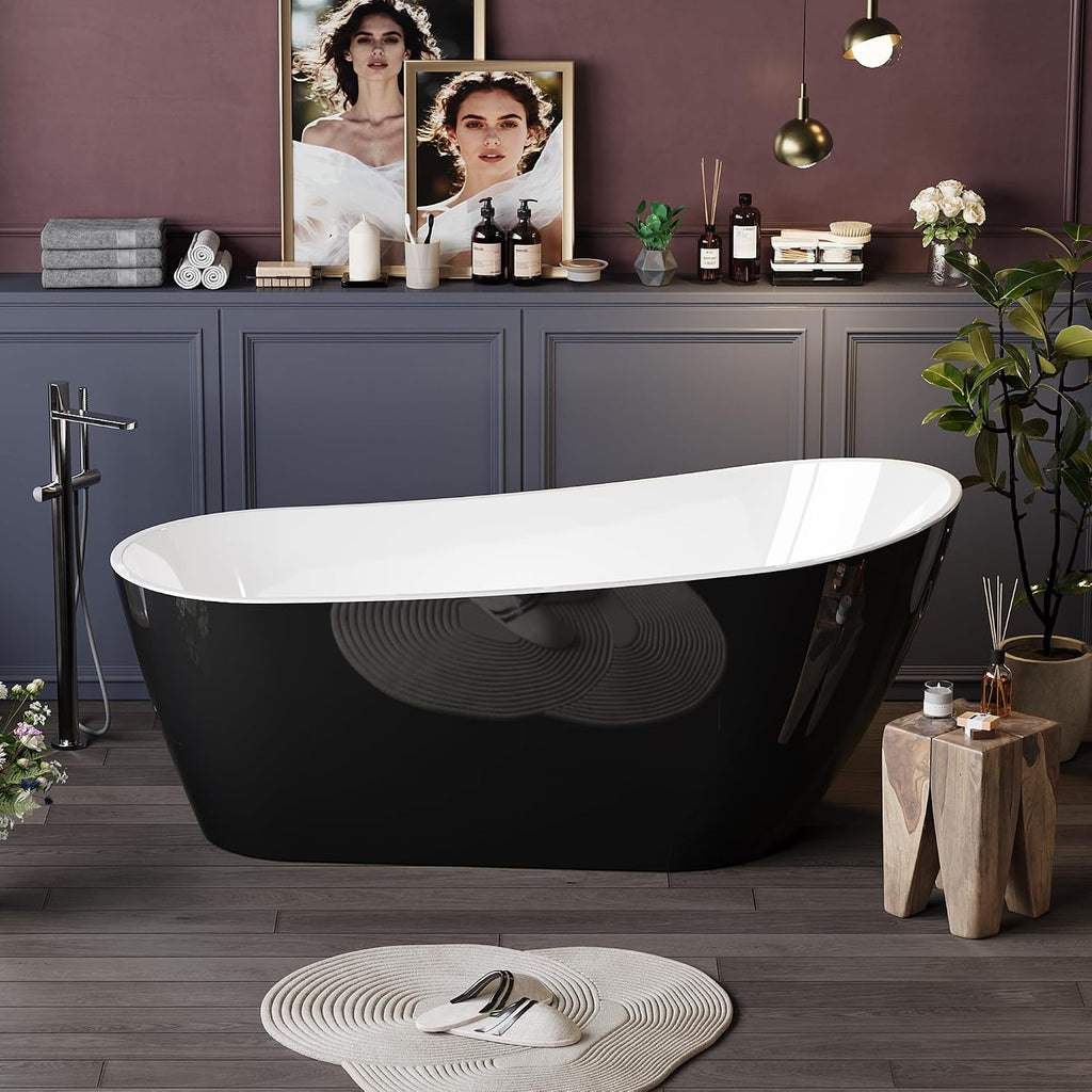 67 Inch Acrylic Freestanding Bathtub, Deep Soaking Tub with One End Raised, White Interior Black Exterior, Modern Stand Alone Acrylic Tub for Home, Bathroom, Chrome Pop-Up Drain and Overflow