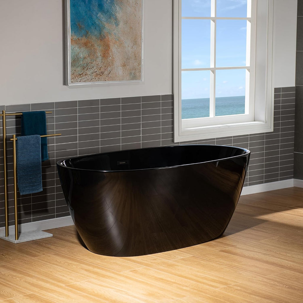 WOODBRIDGE 59' L x 31-1/2' W Freestanding Modern Acrylic Soaking Bathtub in Glossy Black Inside and Matte Black Drain & Overflow