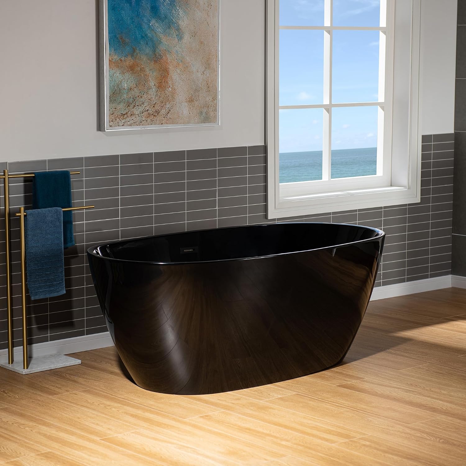 WOODBRIDGE 59' L x 31-1/2' W Freestanding Modern Acrylic Soaking Bathtub in Glossy Black Inside and Matte Black Drain & Overflow