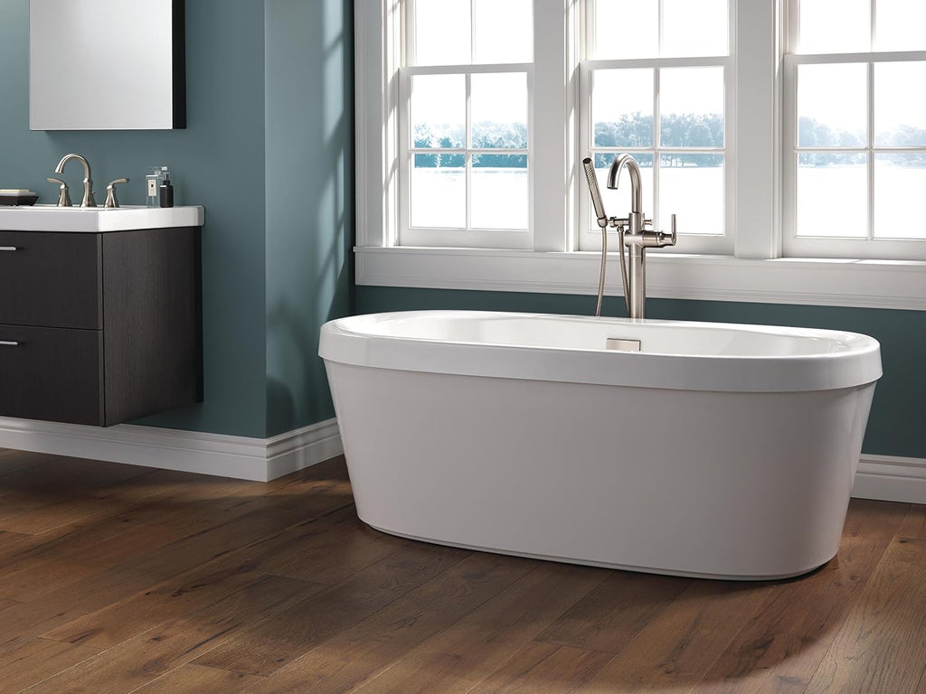 Delta Faucet Trinsic Floor Mount Tub Filler - Freestanding Roman Tub Spout with Handheld Shower - Flexible Shower Hose - Double Check Valves - Stainless, T4759-SSFL (Rough Sold Separately)