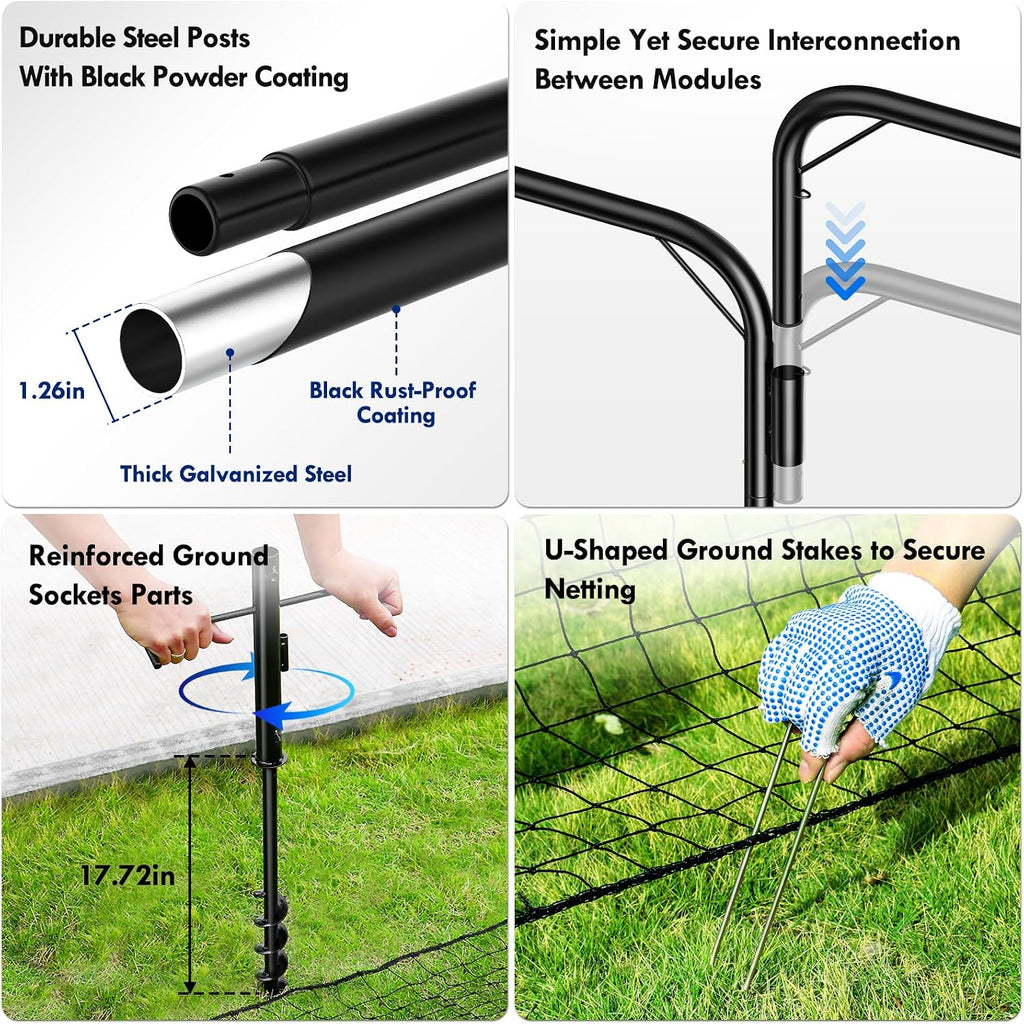 Backstop Net System for Backyard – Heavy Duty Sports Barrier Net with Steel Posts, Movable/Socketed Ball Stop Net for Soccer, Baseball, Training