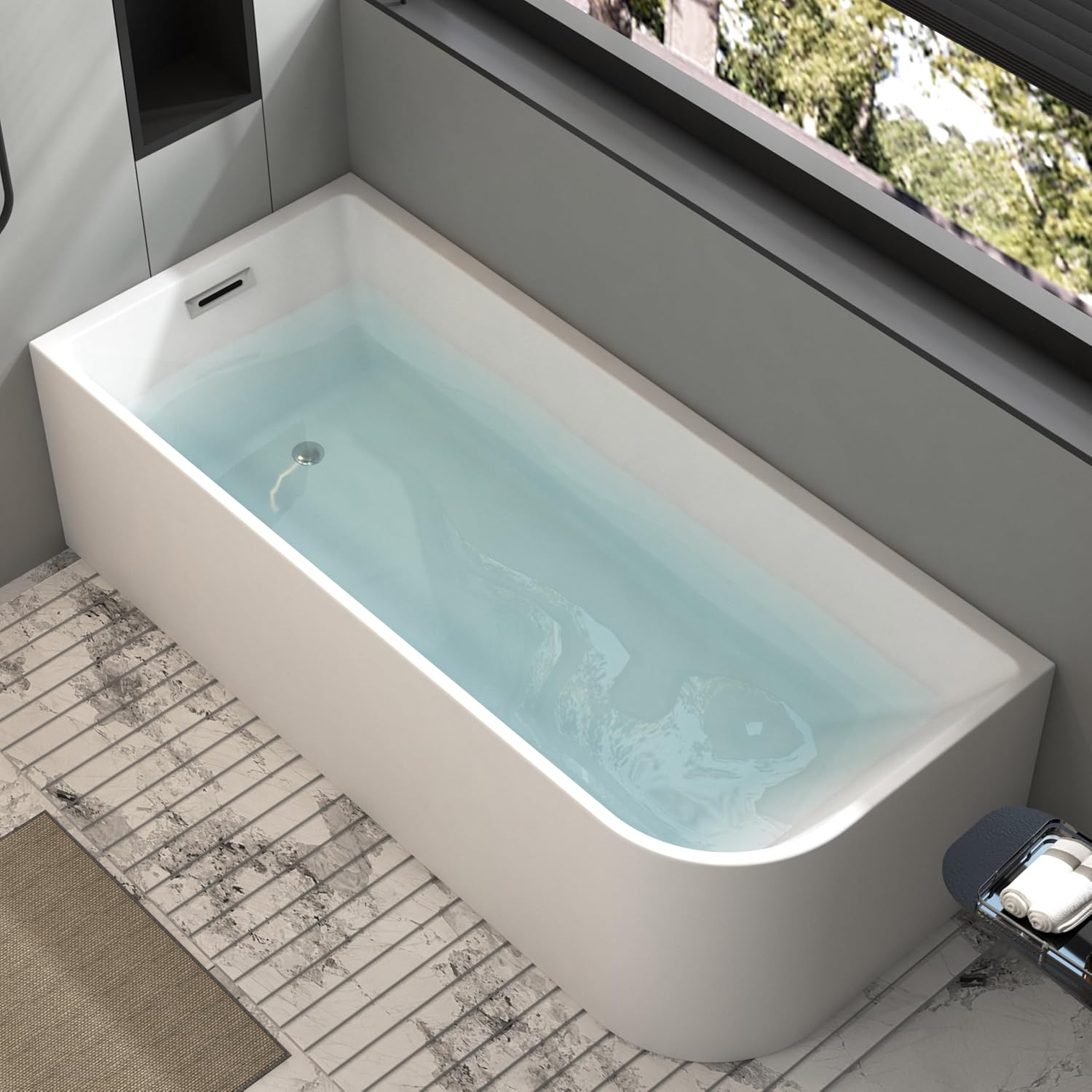 67 inch Corner Wave Style Left Drain Freestanding Soaking Bathtub, Modern Stand Alone Free Standing Acrylic Tub with Left Hand Drain & Overflow, Glossy White