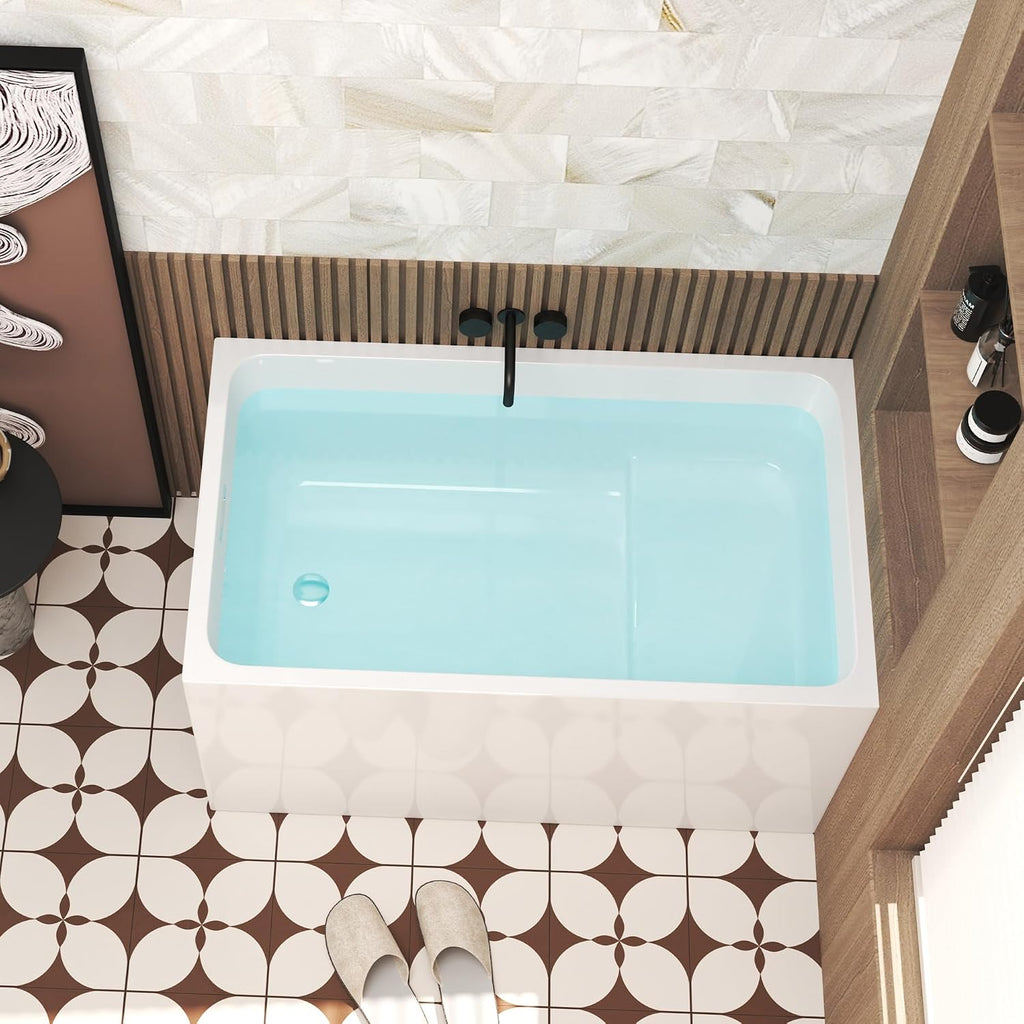 47' Acrylic Freestanding Bathtub with seat: rectangle Shape, Gloss White, Chrome Overflow Pop Up Drain