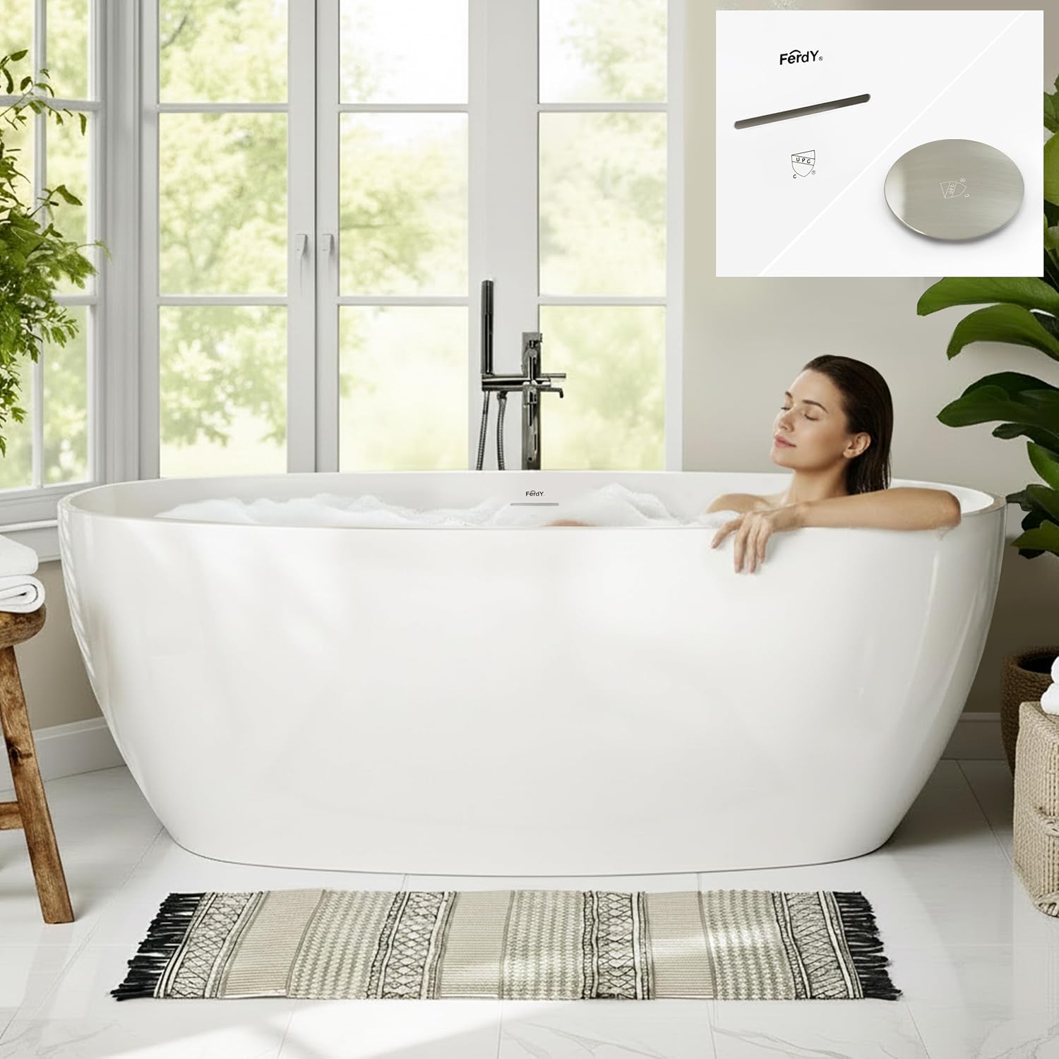 FerdY 67' Acrylic Freestanding Bathtub, Contemporary Soaking tub with Brushed Nickel Drain & Overflow, cUPC Certified, Elegant Oval Shape, Tahiti