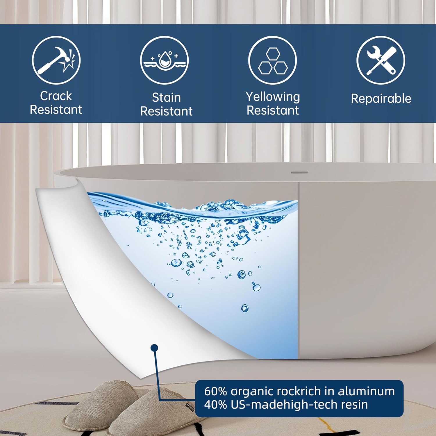 61'' Resin Stone Soaking Bathtub Oval Solid Surface Freestanding Soaking Bathtubs Matte White Soaking Tub with Overflow and Pop up Drain - White