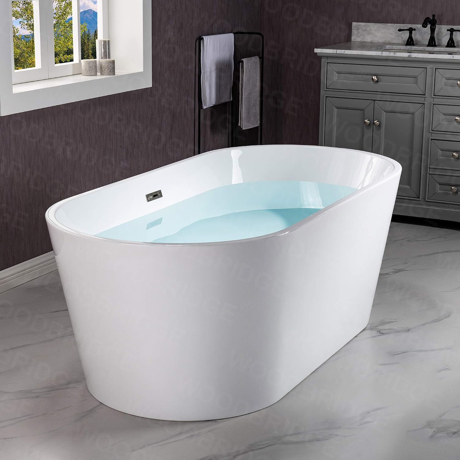 WOODBRIDGE 59' Acrylic Freestanding Bathtub Contemporary Soaking White Tub with Brushed Nickel Overflow and Drain,B0014 -B/N-Drain &O