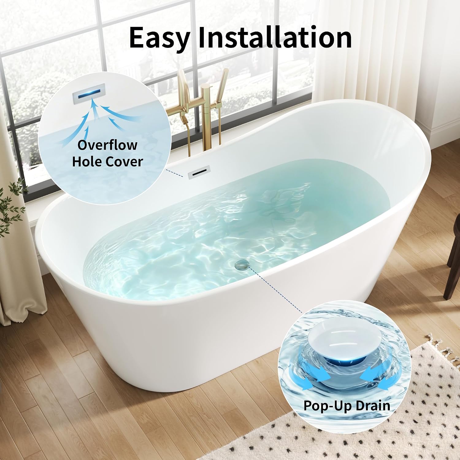 DeerValley 67' Freestanding Bathtub, Acrylic Soaking Tub with Center Drain & Integrated Overflow, Modern Standalone Shower Tub White, Deep Soaker, Ergonomic Design