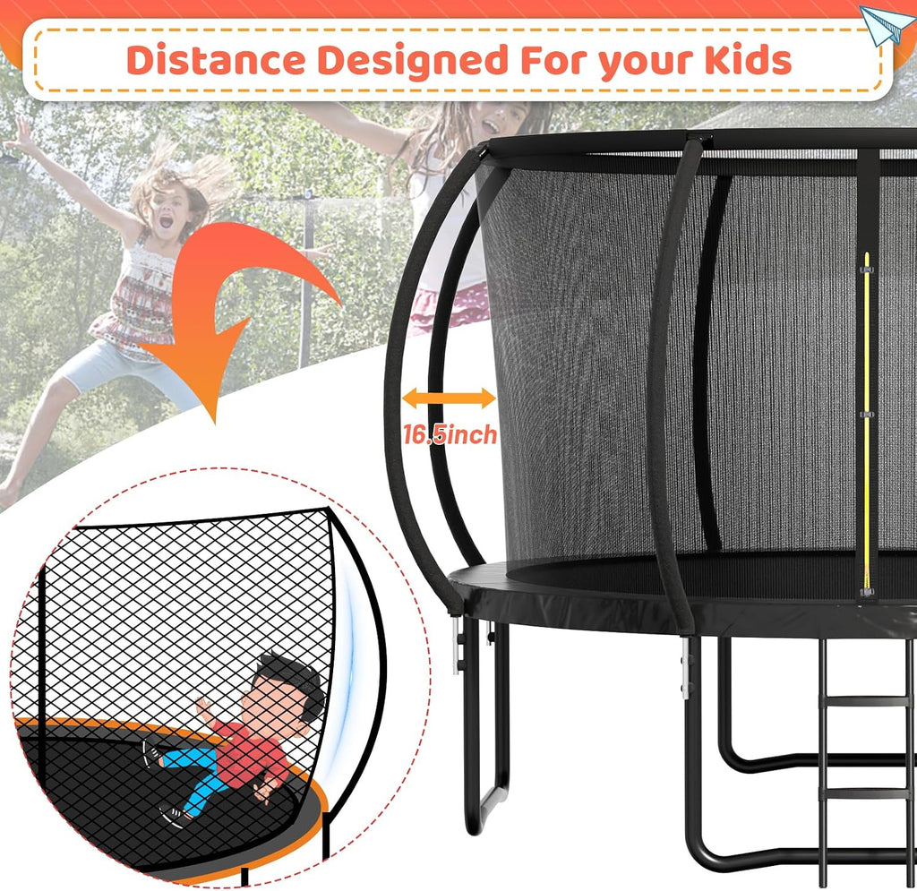 Zevemomo 12 FT Outdoor Kids Trampolines, 12 FT Trampoline with Basketball Hoop & Net, Coating Frame, Heavy Duty Pumpkin Trampolines, Black
