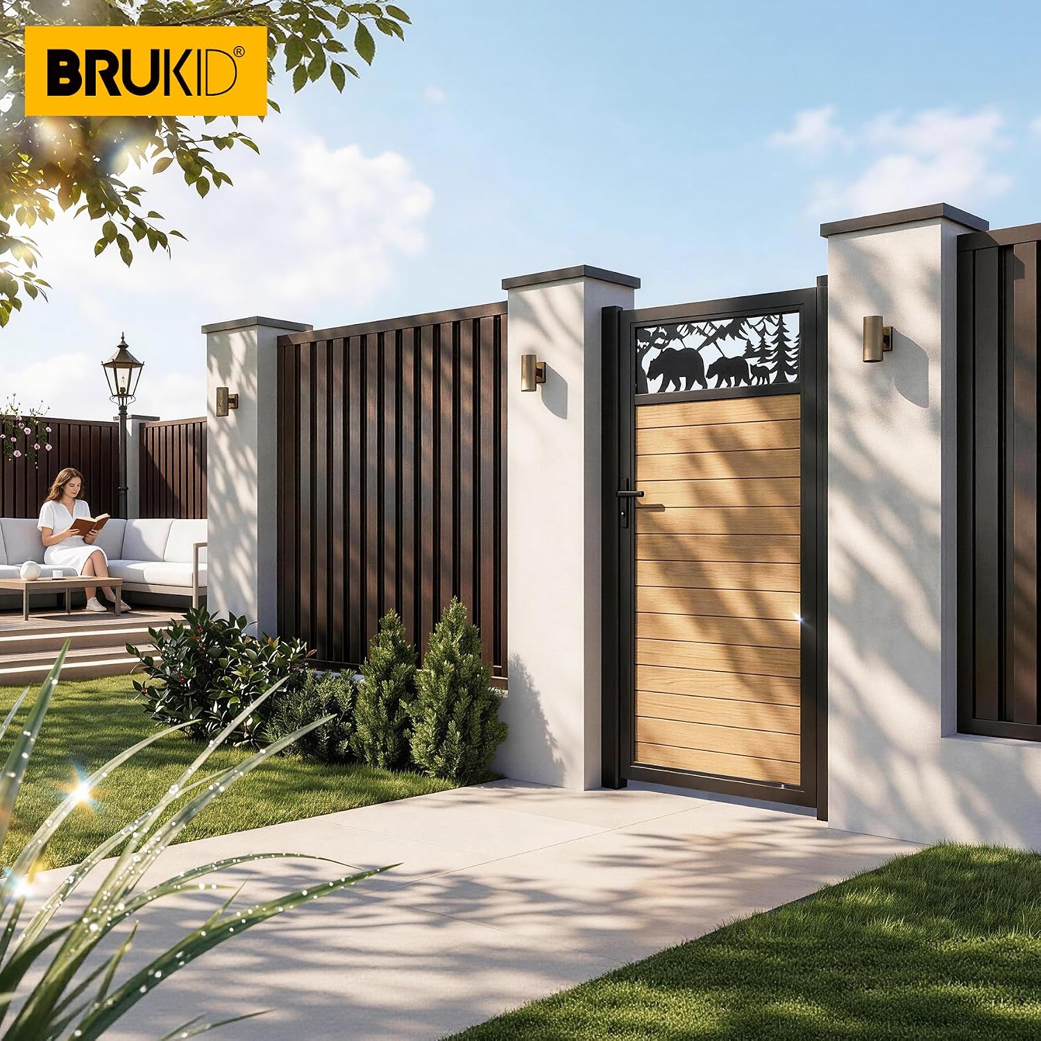 3x6 FT Aluminum Fence Gate Kit Wood Grain Aluminum Gate with Decorative Cutout, Lock & Hinges, Left/Right Opening, Weather Resistant for Yard Garden Patio