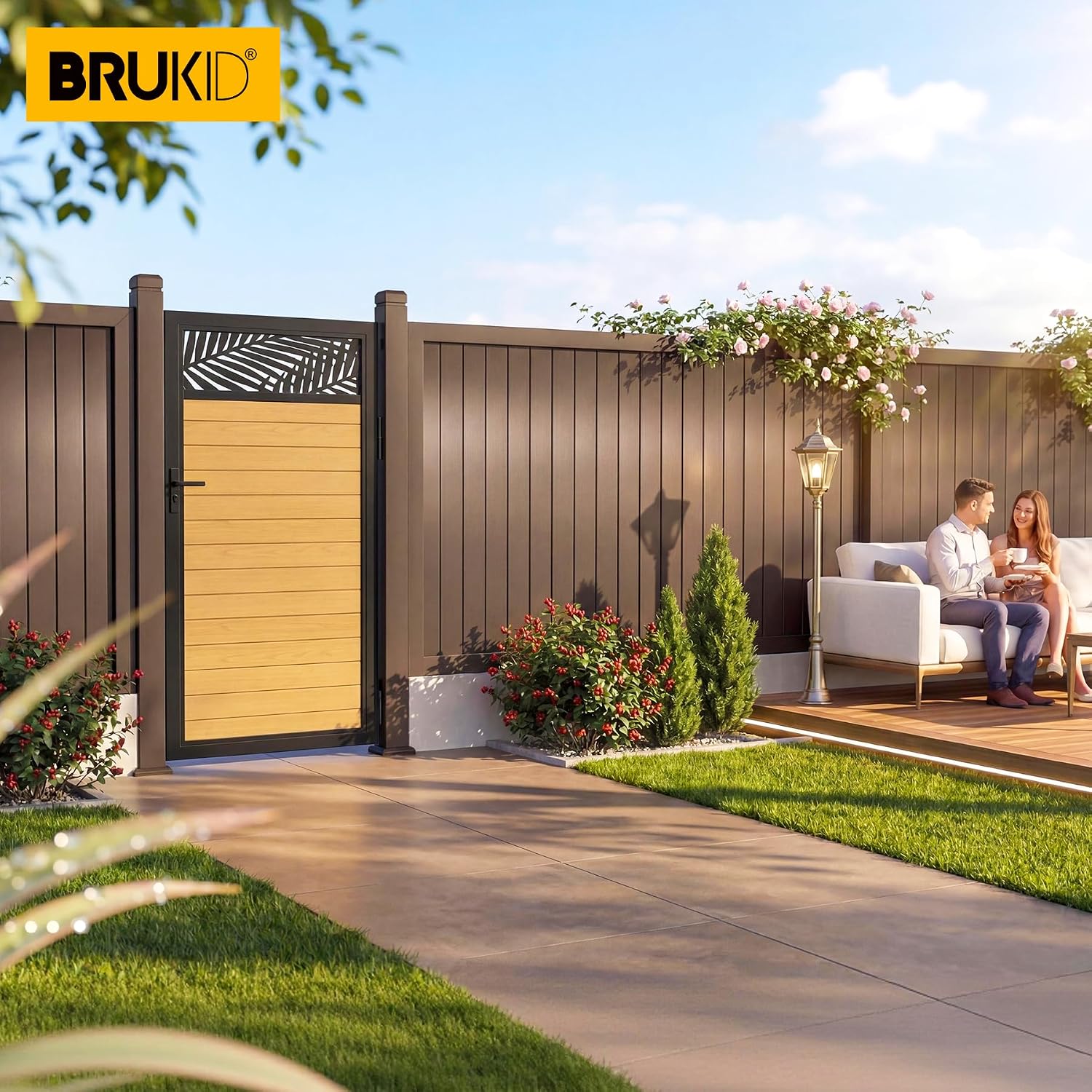 3x6 FT Aluminum Fence Gate Kit Wood Grain Aluminum Gate with Decorative Cutout, Lock & Hinges, Left/Right Opening, Weather Resistant for Yard Garden Patio