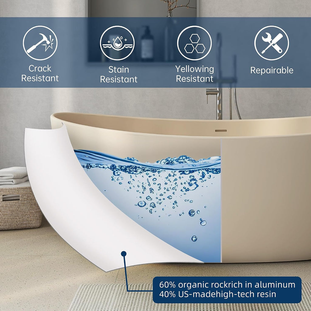 65'' Resin Stone Freestanding Bathtub, Solid Surface Free Standing Tub, Contemporary Design Soaking Tub with Pop-up Drain and Overflow, Stand Alone Tubs cUPC Certified, Latte color