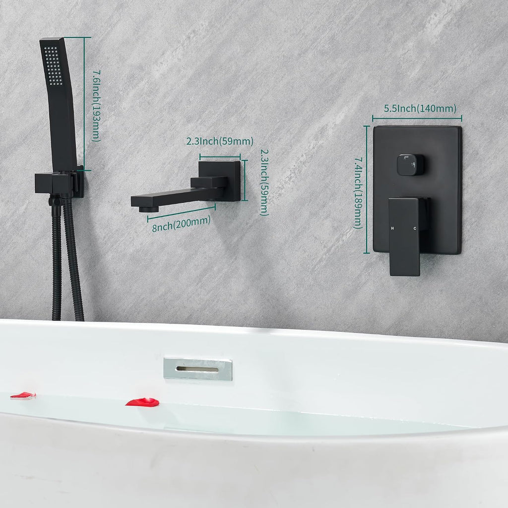 DASAN Swiveling Wall Mount Tub Filler Faucet Set with Hand Held Shower, Matte Black Modern Creative Bathtub Faucet Wall Mounted Bath Tub Faucet with High Flow Rough in Valve, SA-TF05WH-MB