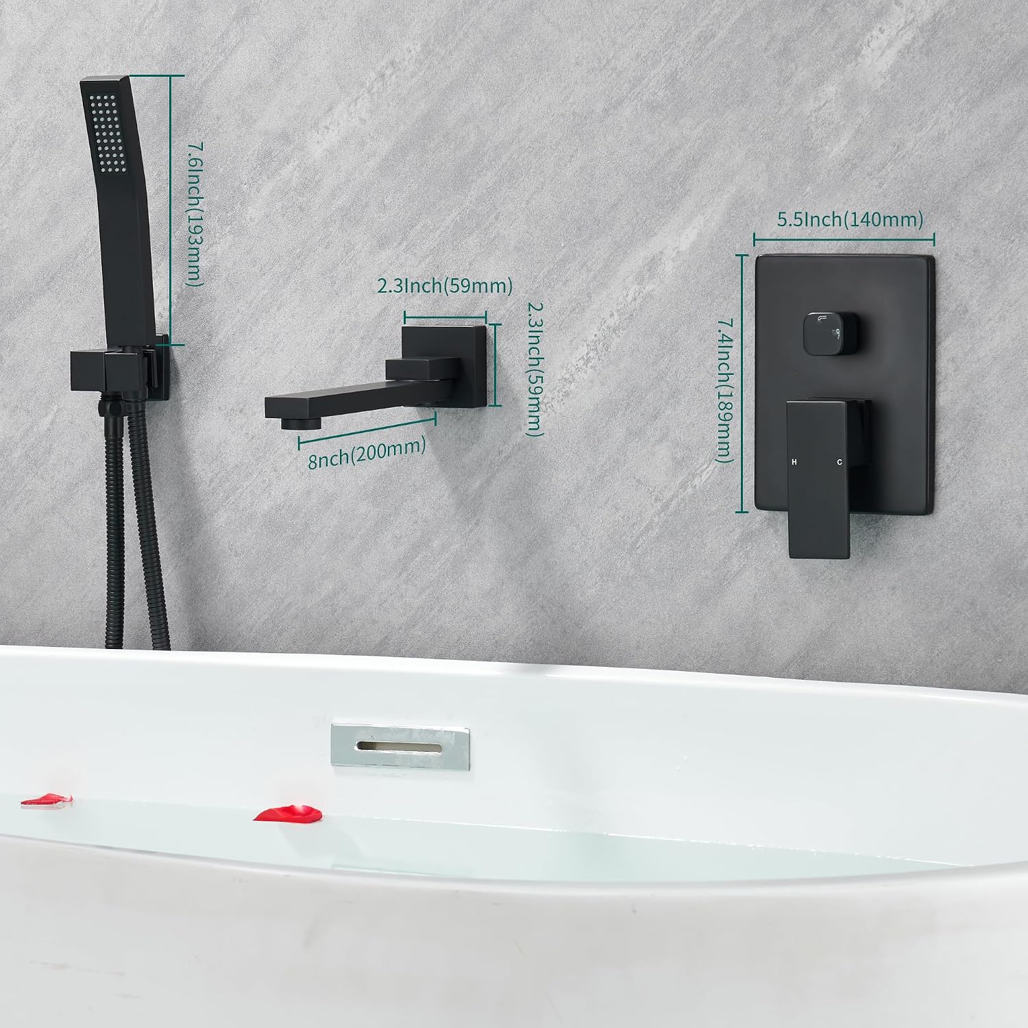 DASAN Swiveling Wall Mount Tub Filler Faucet Set with Hand Held Shower, Matte Black Modern Creative Bathtub Faucet Wall Mounted Bath Tub Faucet with High Flow Rough in Valve, SA-TF05WH-MB