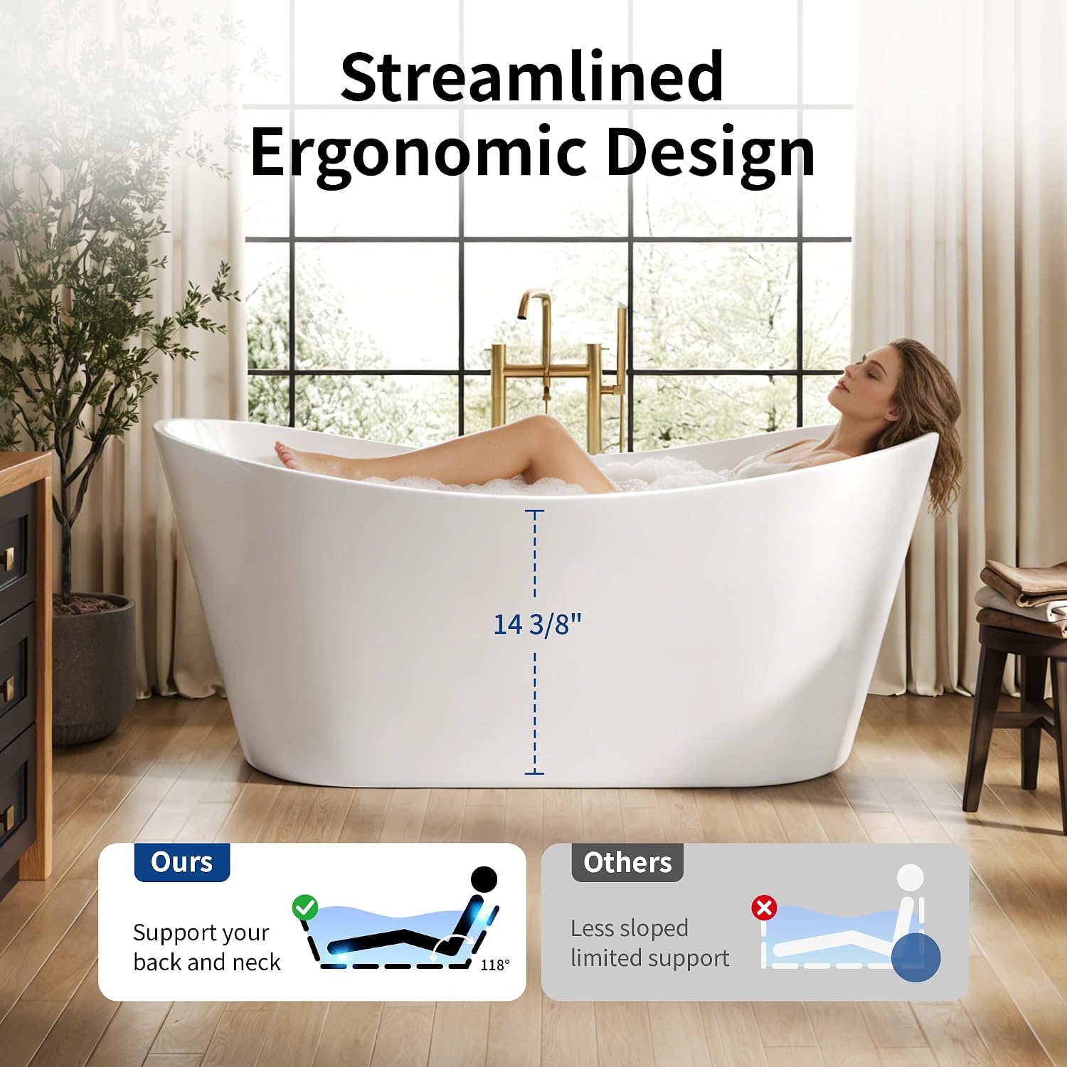DeerValley 67' Freestanding Bathtub, Acrylic Soaking Tub with Center Drain & Integrated Overflow, Modern Standalone Shower Tub White, Deep Soaker, Ergonomic Design