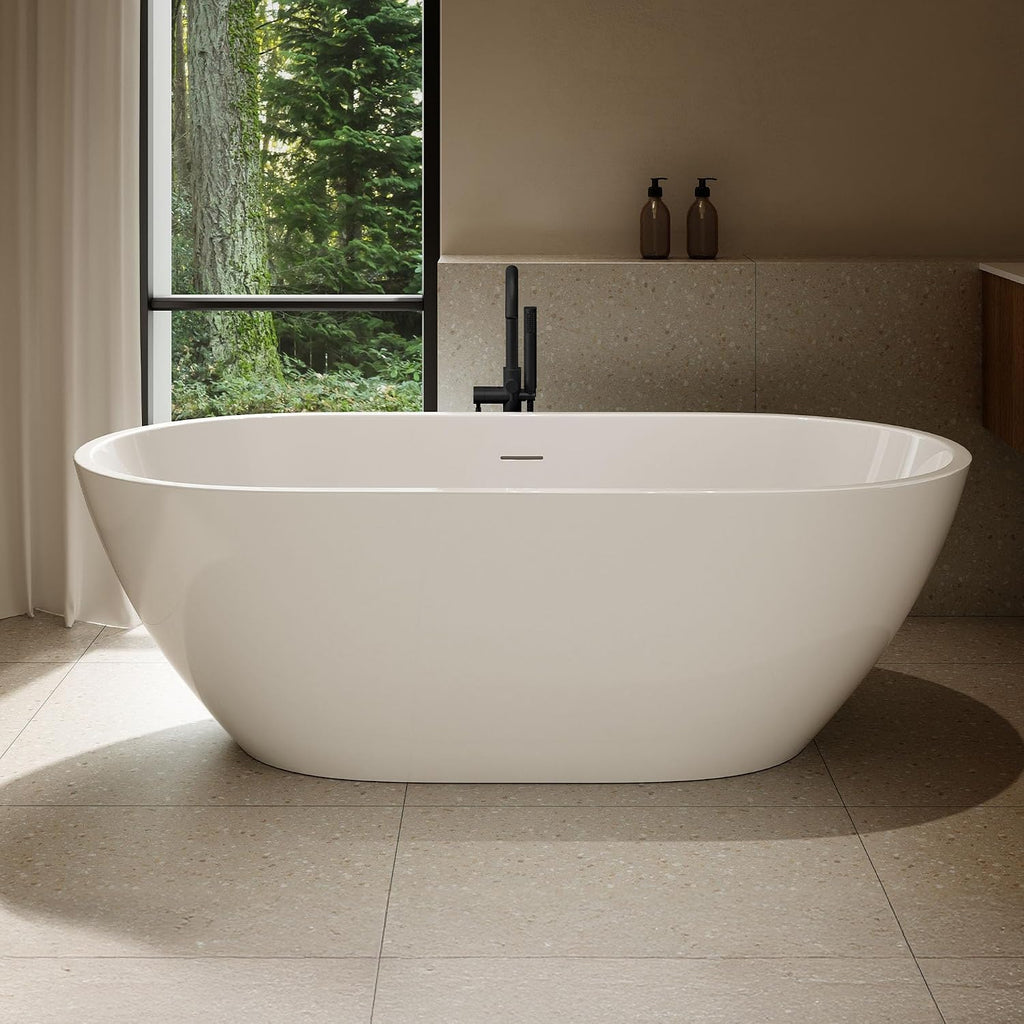OVE Decors Ayago 66 in. Solid Surface Freestanding White Acrylic Soaking Bathtub, with Overflow and Matte Black Pop-up Drain