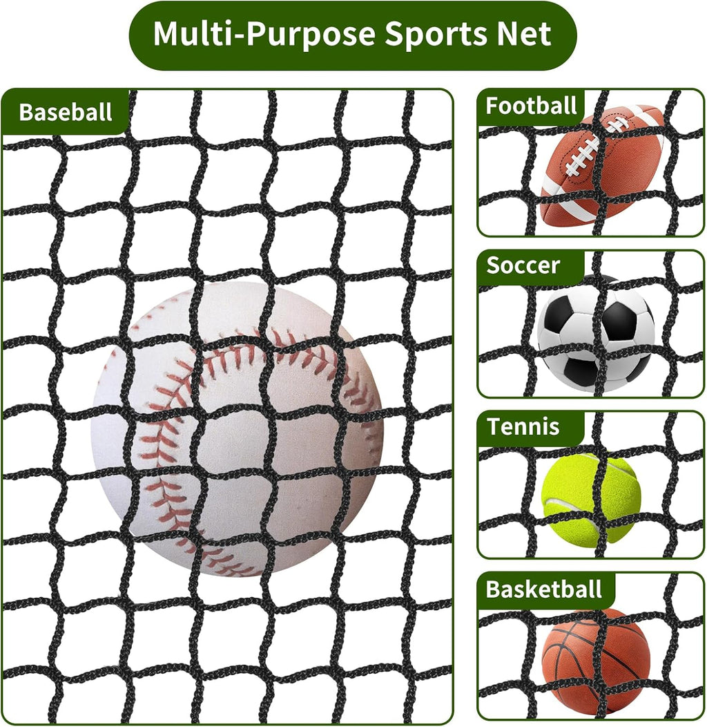 Baseball Net Netting Batting Cage Net Backstop Net - Heavy Duty Nylon Sports Netting with 33FT Rope & Steel Hanging Kit, Multiple Sizes for Backyard Garage Indoor Outdoor Practice