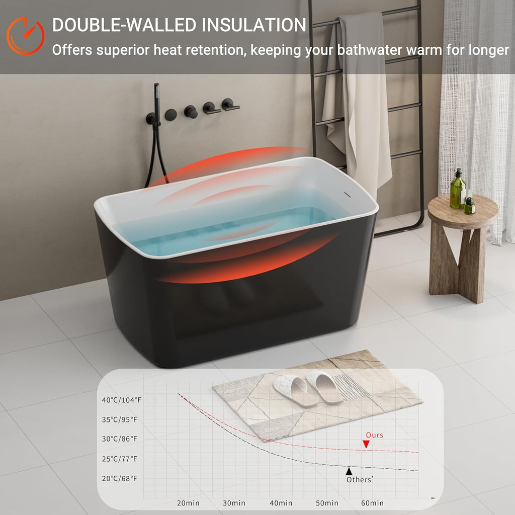 49' Acrylic Freestanding Bathtubs, Square Shaped Japanese Soaking Tub with, Stand Alone Tubs W/Pop-UP Chrome Drain, Slotted Overflow, cUPC Certified, Glossy Black(Without Seat))