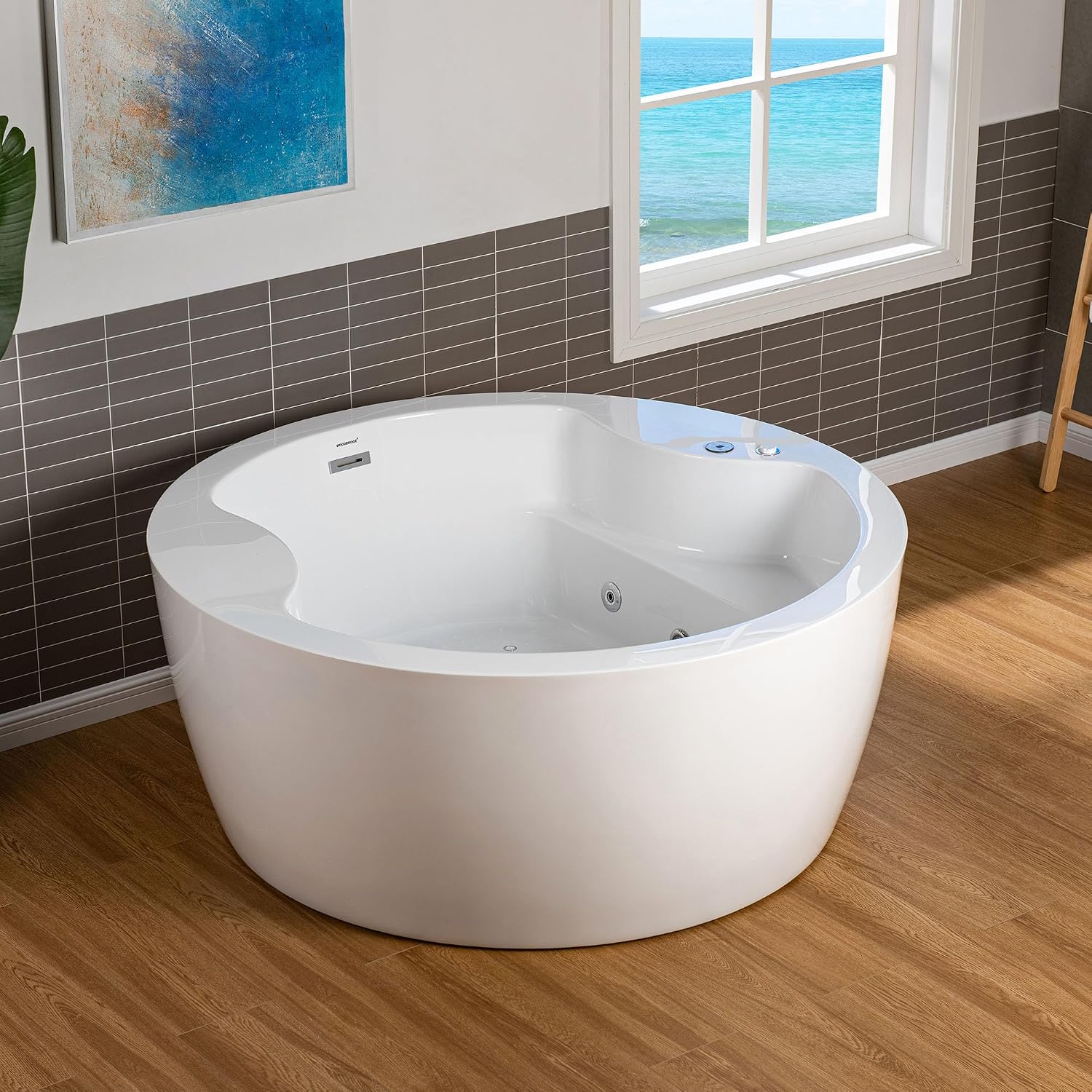 WOODBRIDGE Spacious 59' Whirlpool and Air Bath Heated Soaking Tub with Adjustable Speed Air Blower, LED Control Panel, Integrated Seat, BJ061