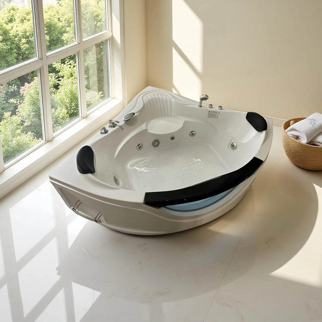 59'x59' Jetted Corner Tubs with 6 Whirlpool Nozzles, 2 Person Massage Whirlpool Bathtub with Pillows, Hydro Massage, Chromatherapy LED Lights, Certified Water Pump, Pneumatic Adjust System