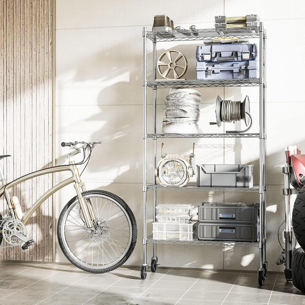 Auslar 5-Shelf Storage Shelves with Casters Heavy Duty 5 Tiers Rolling Cart Utility Racks Adjustable Wire Metal Shelving, 14' x 36' x 76.5', Chrome