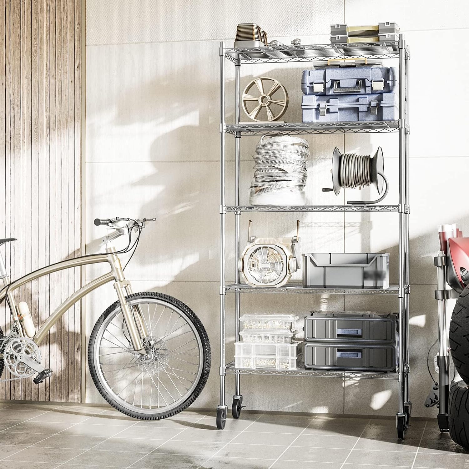 Auslar 5-Shelf Storage Shelves with Casters Heavy Duty 5 Tiers Rolling Cart Utility Racks Adjustable Wire Metal Shelving, 14' x 36' x 76.5', Chrome