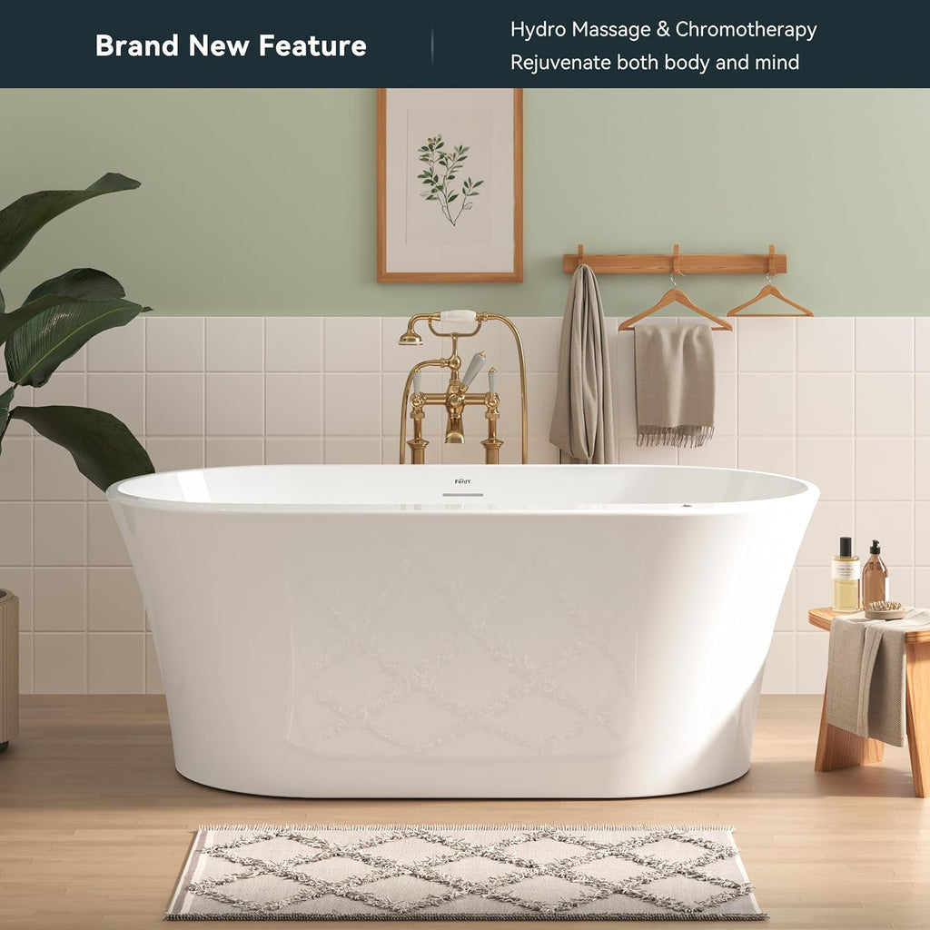 FerdY 59' Acrylic Freestanding Whirlpool Bathtub with LED Light, 8 Air & Water Jets, Contemporary Soaking tub with White Drain, Elegant Oval Shape, cUPC Certified, Mauritius