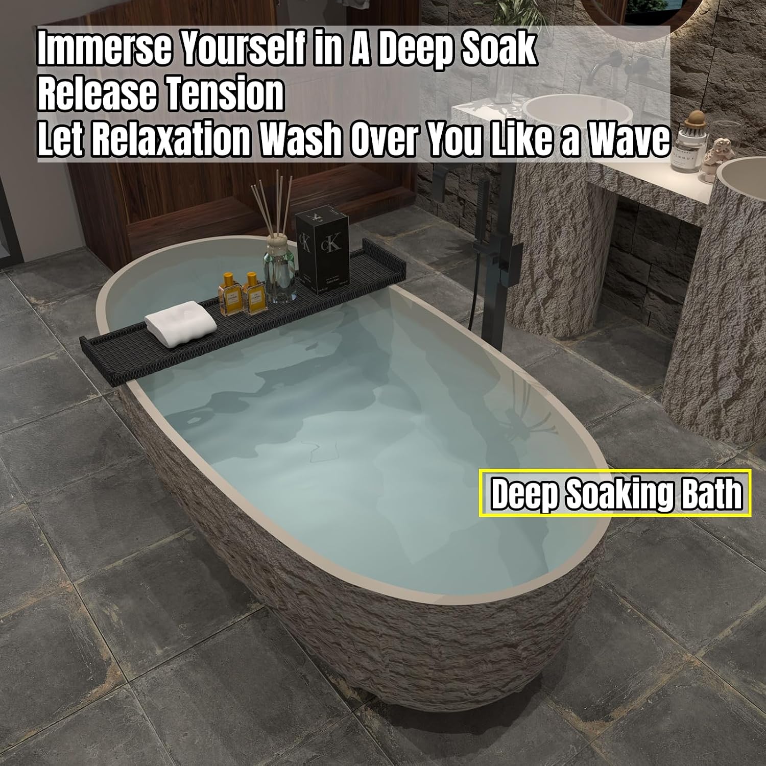 68' Edeyeu Freestanding Bathtub - Modern Solid Surface Bathtub Soaker Tub with Extra Deep Design, Durable One-Piece Stand Alone Tub for Spa-Like Soaking Experience, with Drain rock color